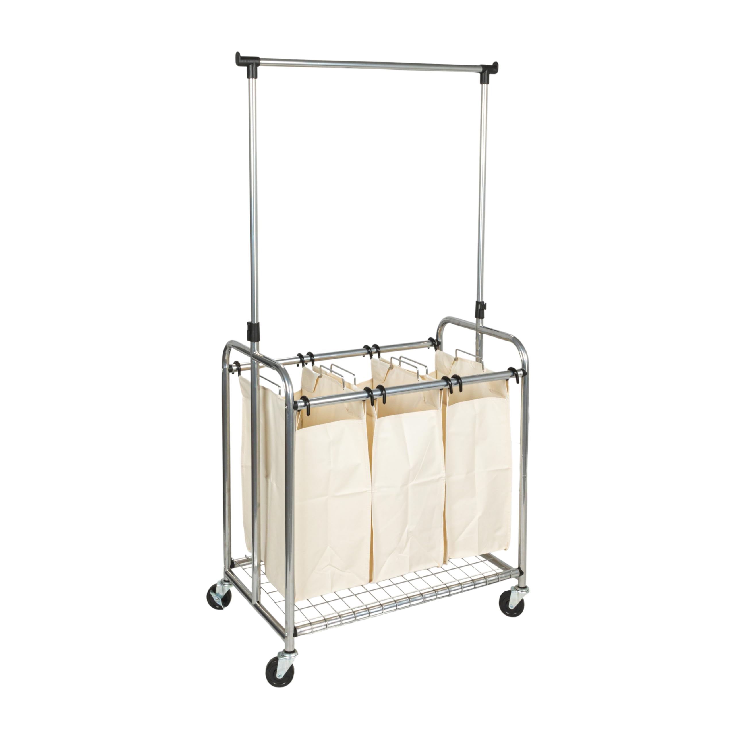 3-Bag Laundry Sorter with Clothes Rack - Heavy Duty Steel Frame, Foldable Laundry Hamper Organizer for Bedroom, Closet, or Laundry Room - Perfect for Sorting Whites, Colors, and Delicates