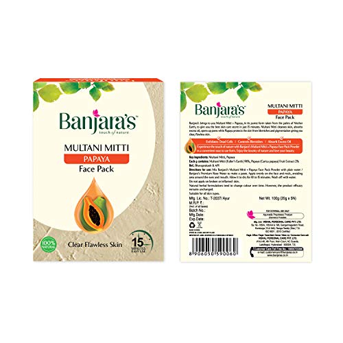 Banjara's Multani Mitti with Papaya Face Pack - 100g | Natural Clay Mask for Glowing Skin | Deep Cleansing & Exfoliating | Perfect for Acne, Oily & Combination Skin | DIY Skincare at Home