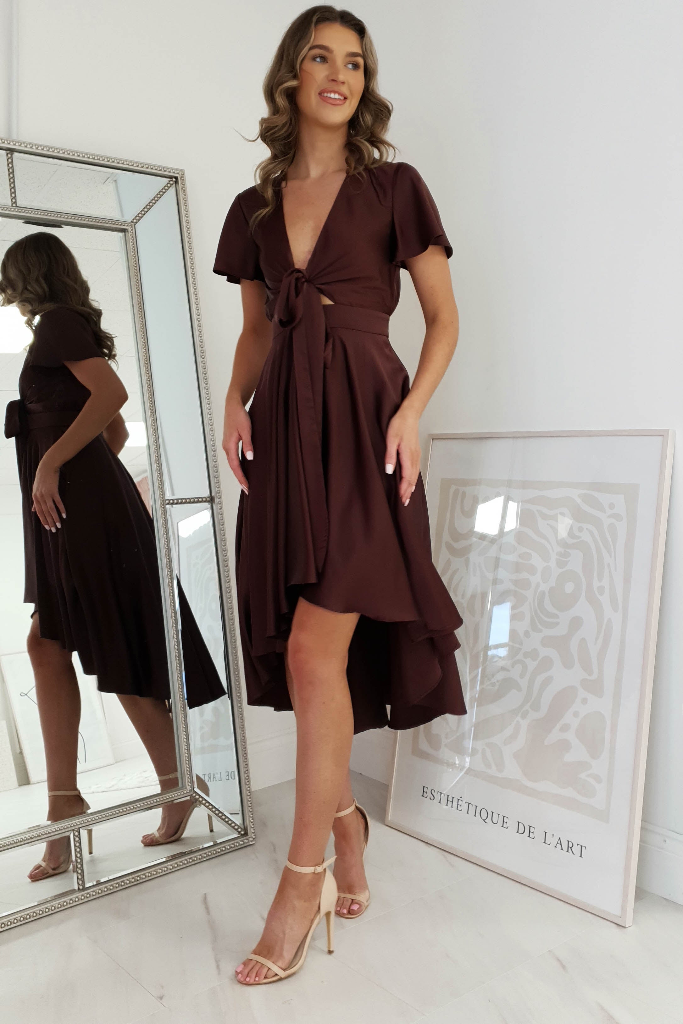 Elegant Maleri Satin Midi Dress in Chocolate Brown - Perfect for Cocktail Parties, Date Nights & Special Occasions