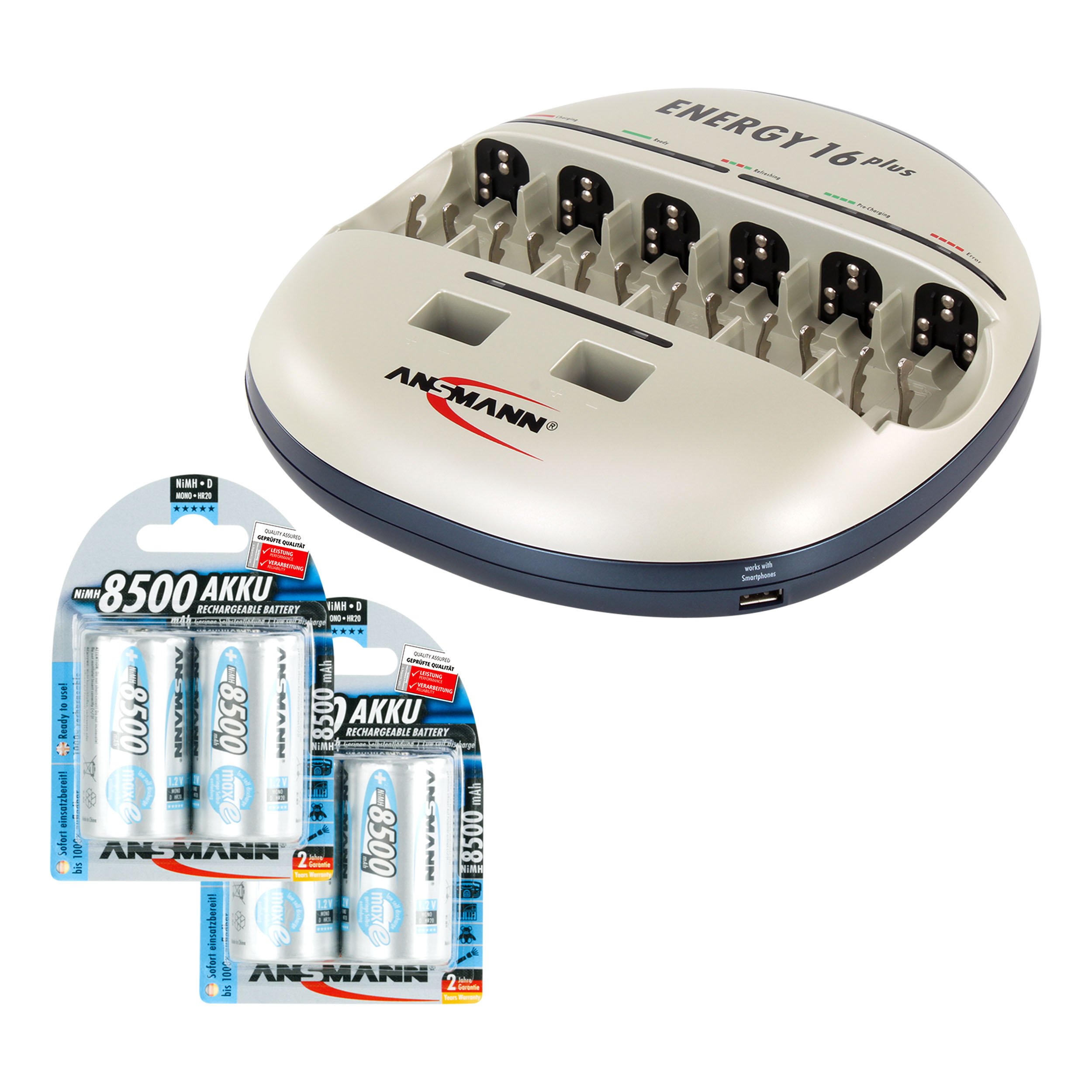 Ansmann Energy 16 Plus Battery Charger for NiMH Rechargeable Batteries - AA, AAA, C, D, 9V with USB Port - Includes 4 Pack 8500mAh D Batteries - Perfect for Smartphones, Cameras, Toys & Home Electronics