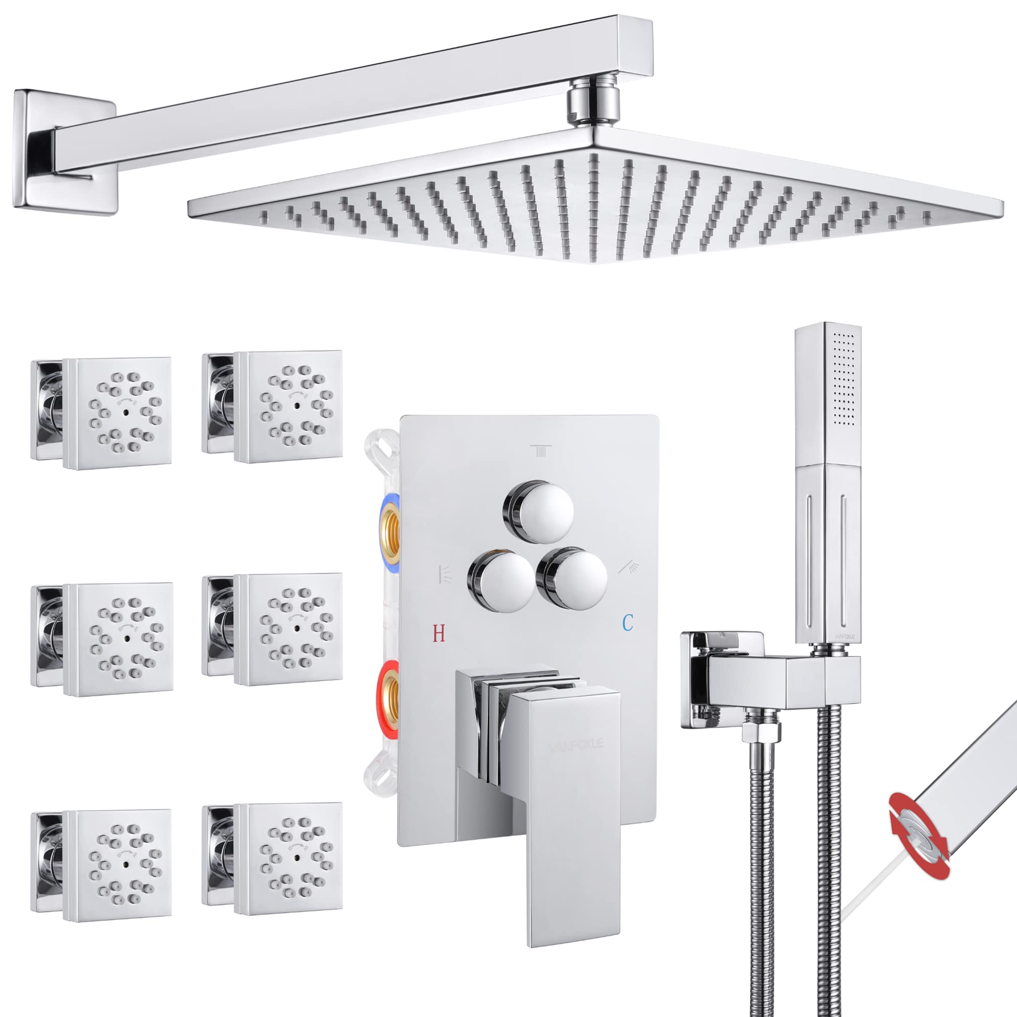 VANFOXLE Chrome Shower Faucet Set with 2-in-1 Handheld & 6 Dual Mode Body Jets - 3 Spray Modes, 10 Inch Wall Mount Shower System for Modern Bathroom Renovation & Spa-Like Experience