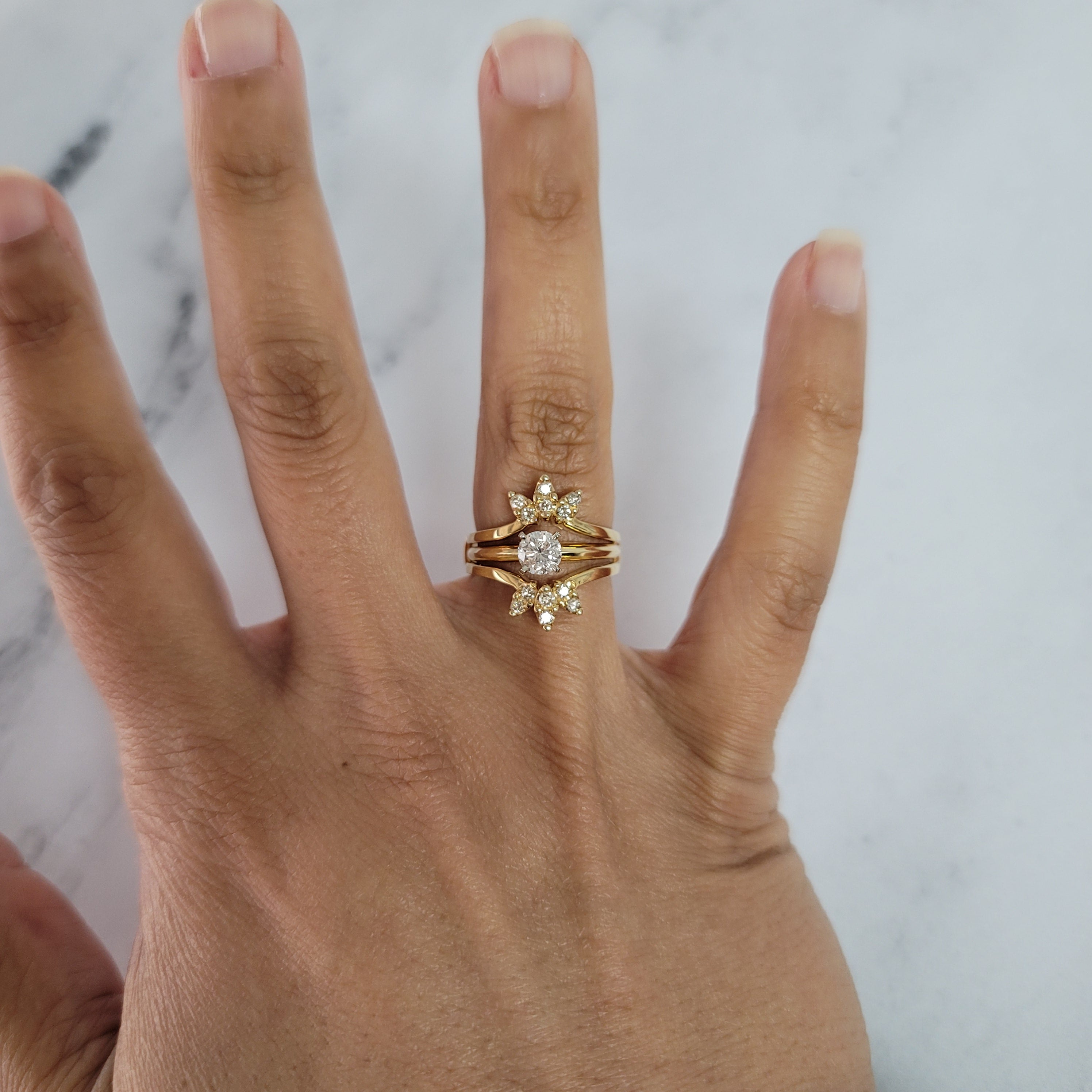 14K Yellow Gold Diamond Ring Guard Enhancer - Elegant Fan Style Design for Wedding Bands & Engagement Rings | Perfect Ring Spacer & Stacking Jewelry for Brides & Fashion Accessories