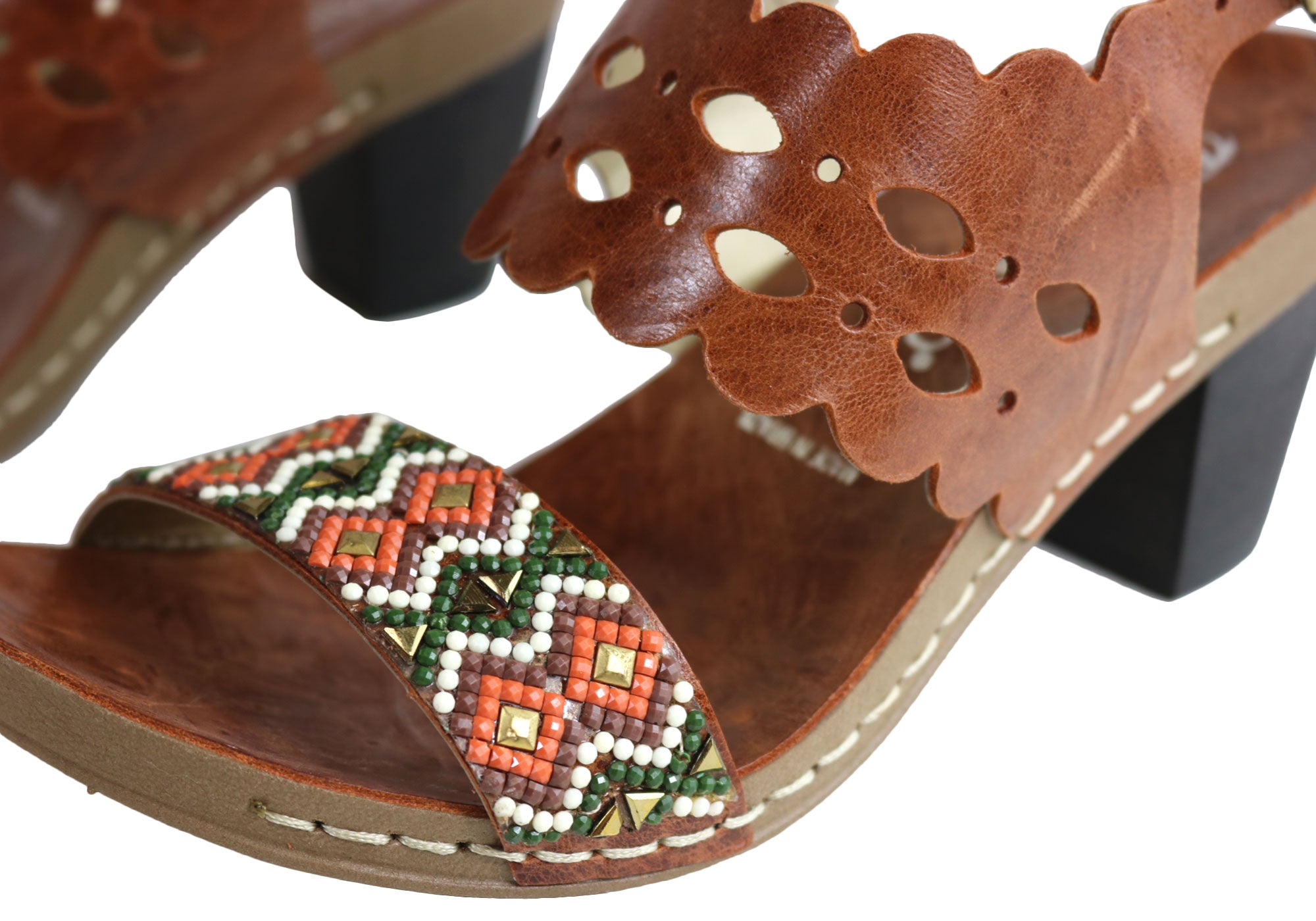 Andacco Women's Comfortable Leather Mid Heel Sandals - Handmade in Brazil - Perfect for Summer Outings, Beach Vacations & Casual Wear