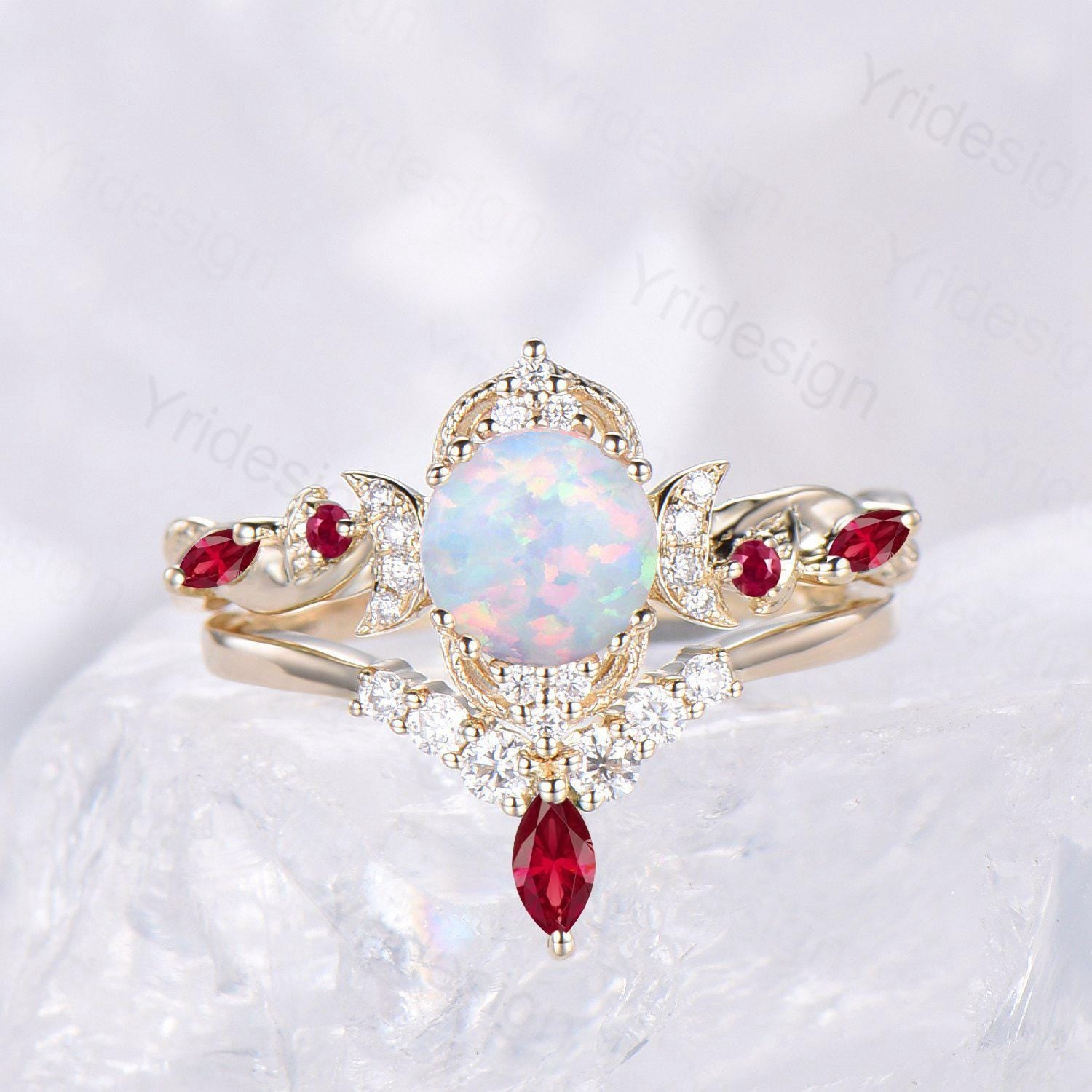 2pcs Vintage Round White Opal Engagement Ring Set - Leaf Moon Cluster Amethyst Bridal Jewelry, Art Deco Nature Inspired October Birthstone Promise Rings for Women, Perfect for Weddings, Anniversaries & Special Occasions