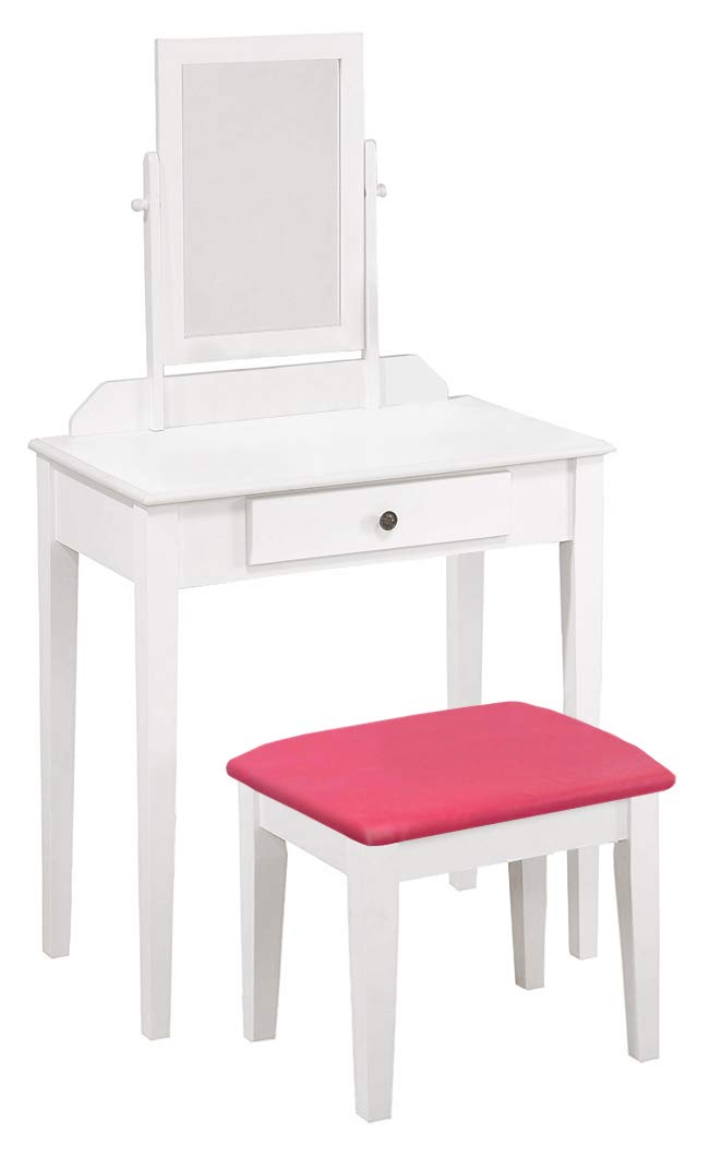Modern White Vanity Table with Mirror & Pink Vinyl Bench - Elegant Dressing Table for Bedroom, Makeup Station with Storage, Perfect for Home Decor and Beauty Routine