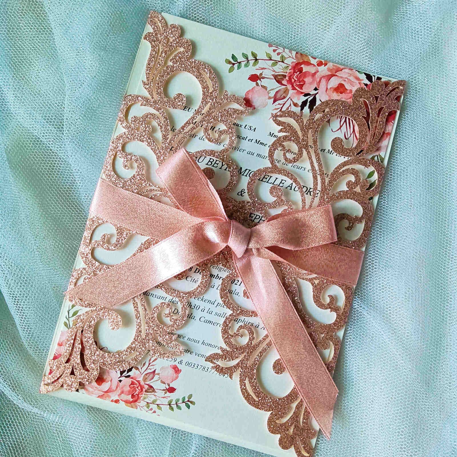 25PCS Rose Gold Laser Cut Wedding Invitation Cards with Envelopes - Blank Inner Sheets & Ribbons - Perfect for Wedding, Bridal Shower, Quinceañera, Engagement & Birthday Invites - Elegant Rose Gold Glitter Design - Great for DIY Crafting & Special Events