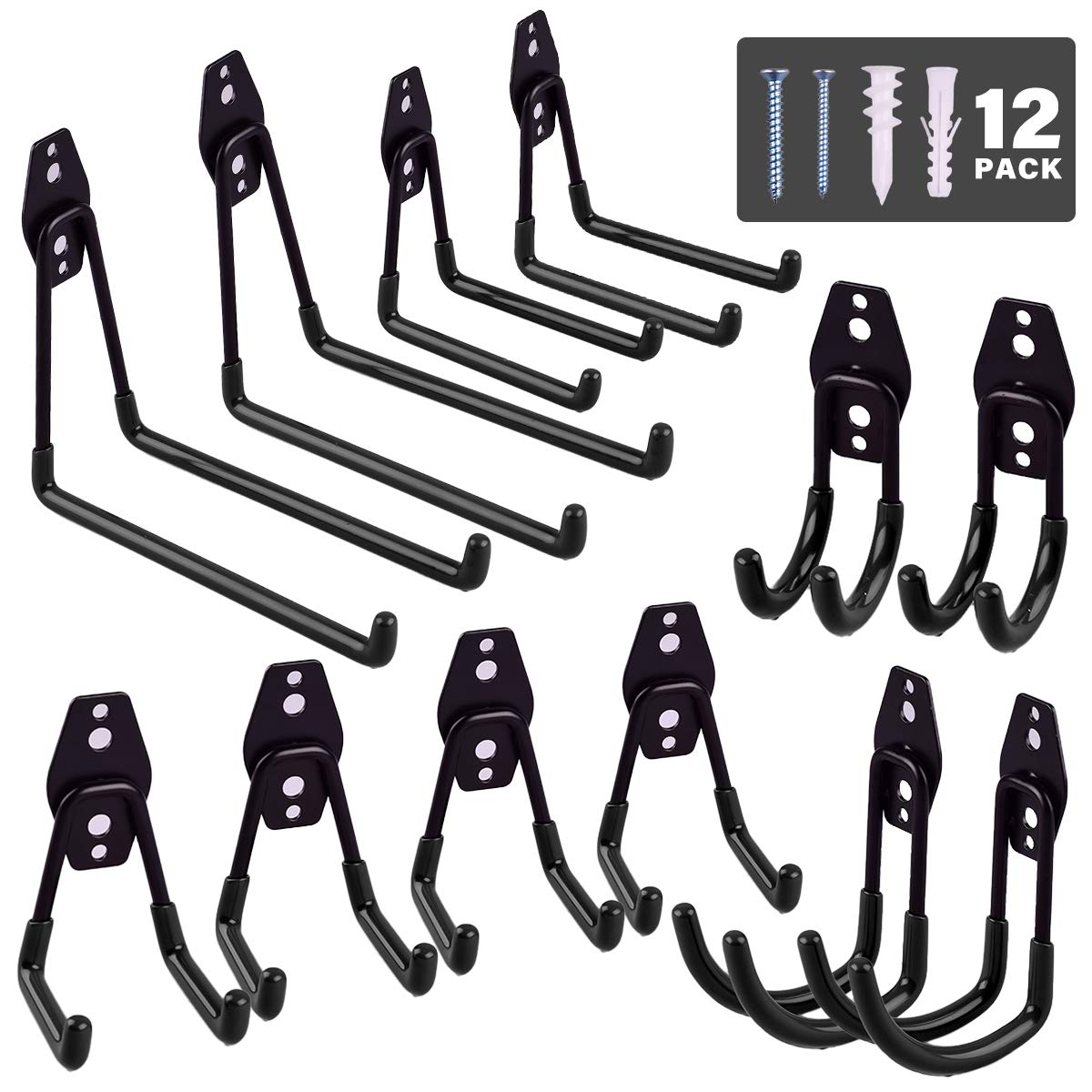 12 Pack Heavy Duty Iron Garage Storage Hooks with Anti-Slip Coating - Wall Mount Utility Hooks for Garage, Tool Organization, Ladders, Bikes & Garden Tools - Perfect for Home, Workshop & Outdoor Storage (Black)