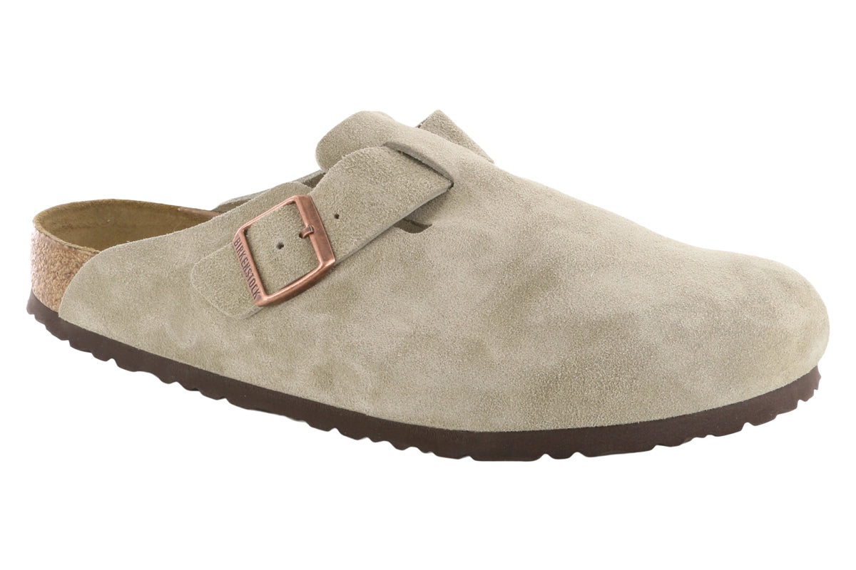 Birkenstock Boston Soft Footbed Suede Leather Clogs for Men & Women | Comfortable House Shoes for Home, Office & Casual Wear | Taupe Color