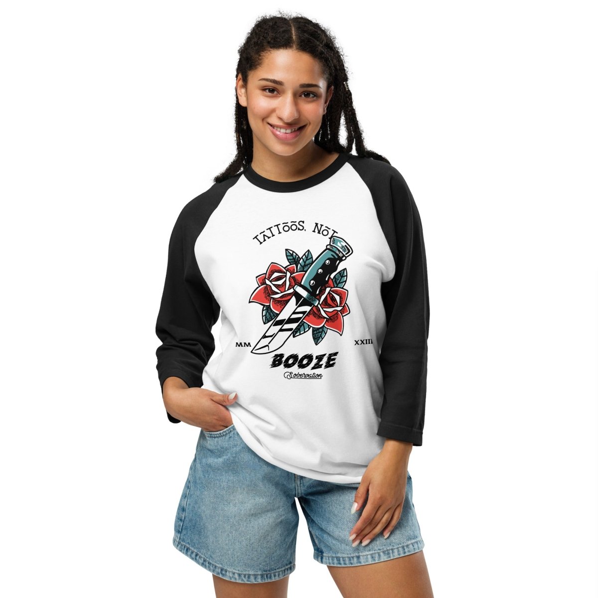 Rose Dagger Design 3/4 Sleeve Raglan Shirt for Tattoo Lovers - Stylish Casual Wear for Tattoo Shops, Concerts & Alternative Fashion