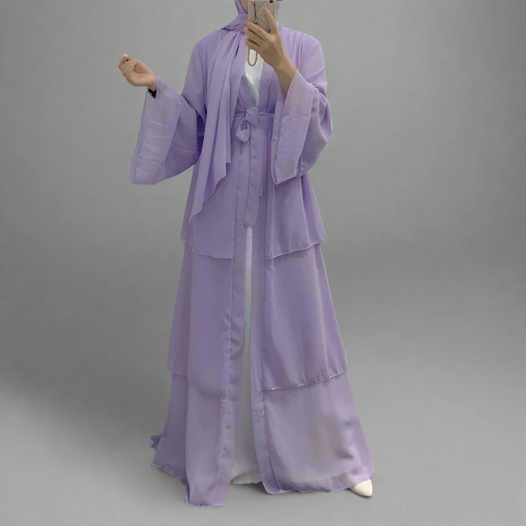 Elegant 3-Layer Chiffon Open Abaya Dress with Matching Hijab for Muslim Women - Perfect for Prayer, Modest Fashion & Special Occasions