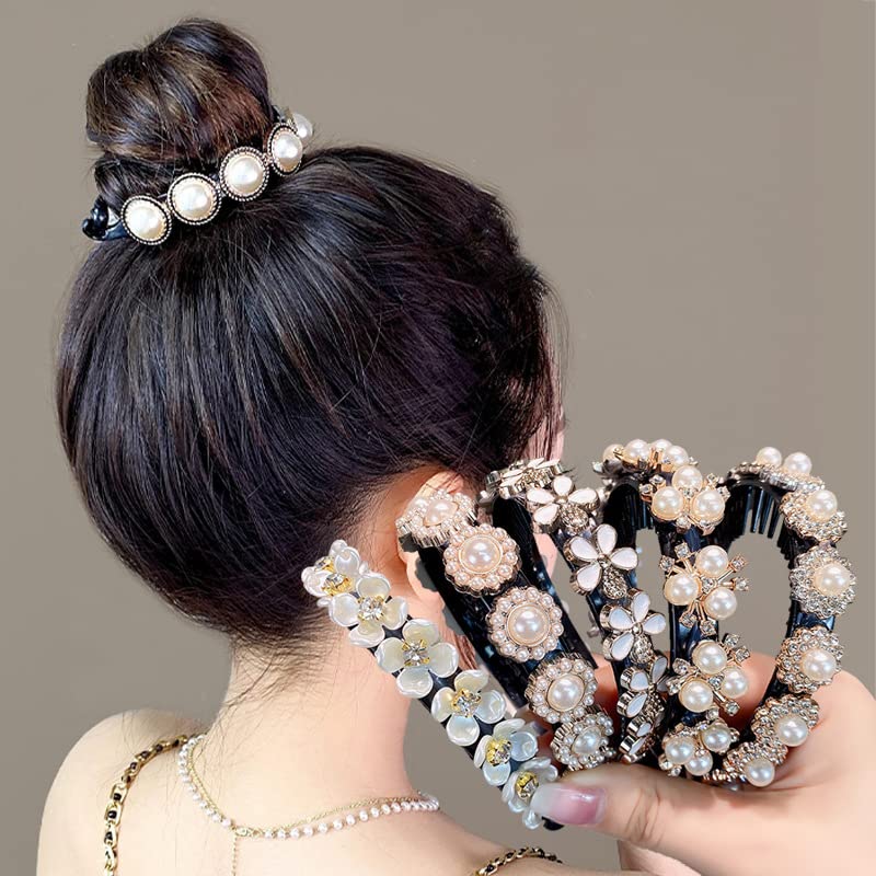 JARPSIRY Imitation Pearl Flower Banana Hair Clips - Ponytail Holder for Women & Girls, French Barrettes with Rhinestones for Thick & Fine Hair - Perfect for Weddings, Parties & Everyday Styling