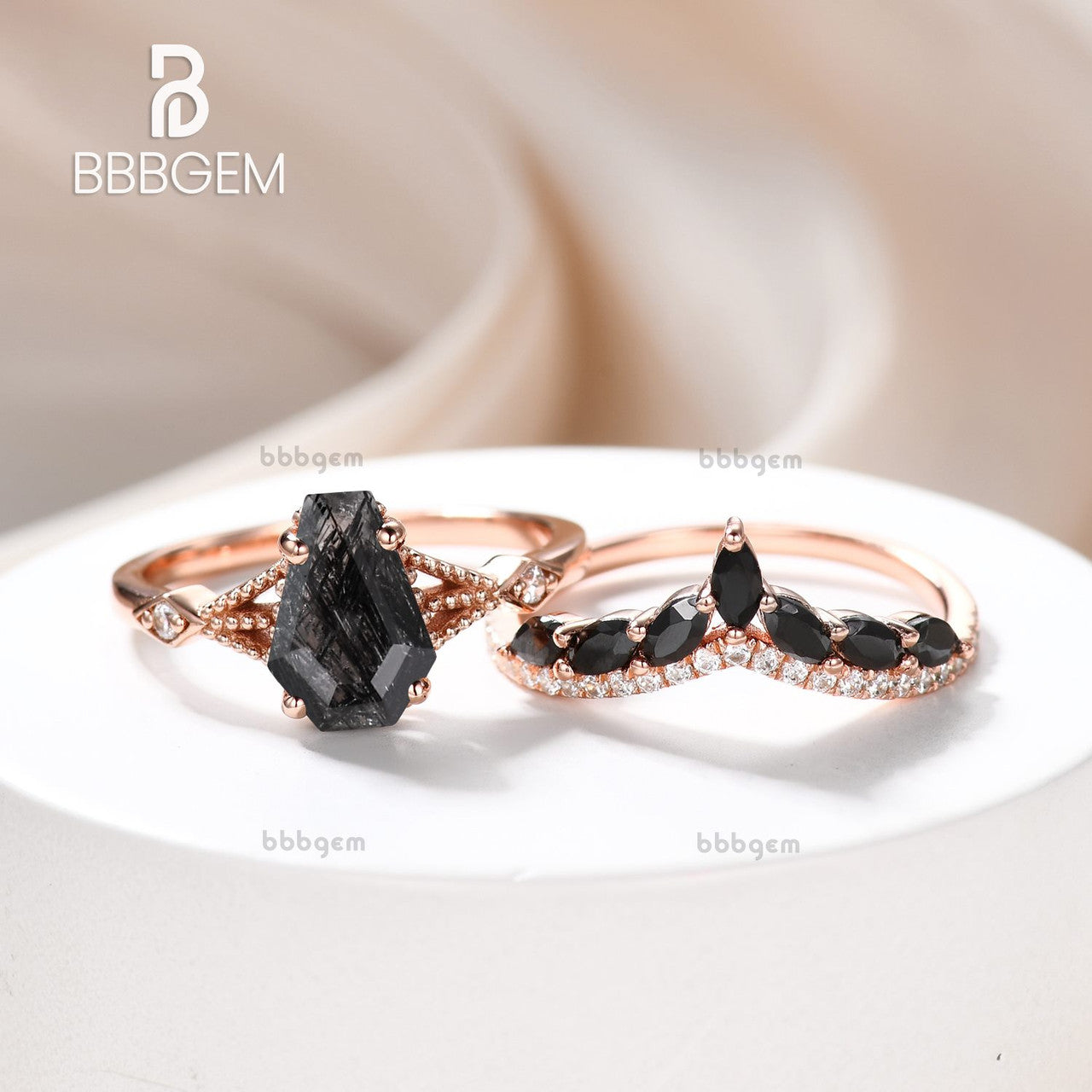 Three Stone Coffin Shaped Promise Ring Set - Black Rutilated Quartz & Black Spinel Band in Rose Gold - Perfect for Engagement, Anniversary & Gothic Jewelry Lovers