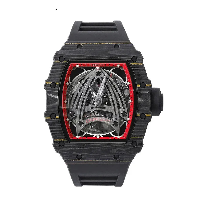 CRONUSART Men's Automatic Skeleton Watch - 50mm Tonneau Carbon Fiber Case, Luminous Dial, Fluororubber Strap - Mechanical Wristwatch for Business, Casual & Outdoor Activities