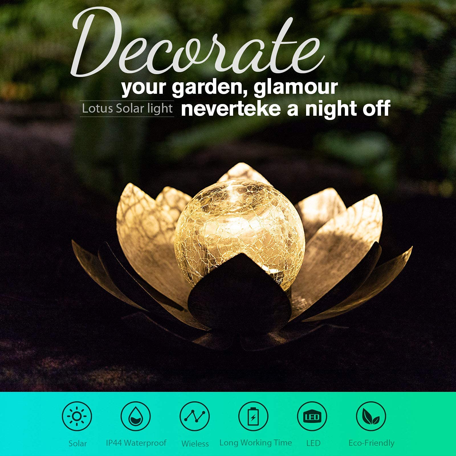 Huaxu Solar Powered Outdoor Garden Lights - Waterproof Crackle Glass Lotus LED Decor for Patio, Lawn, Walkway, Tabletop & Ground - Perfect for Garden Decor, Pathway Lighting & Backyard Ambiance