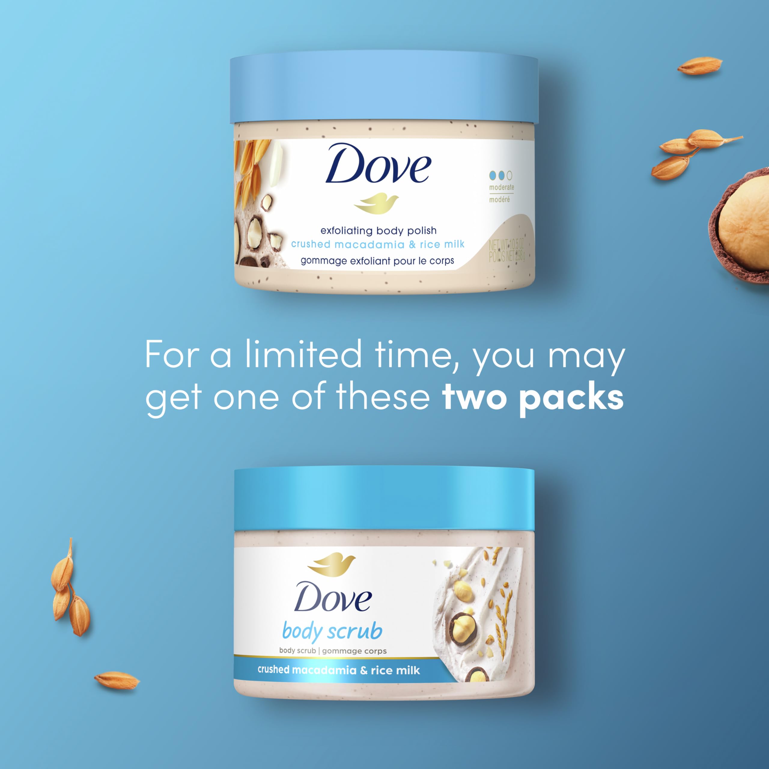 Dove Macadamia & Rice Milk Body Scrub 10.5 oz - Exfoliating & Nourishing for Visibly Smoother Skin - Perfect for Dry Skin Care & Spa Day at Home