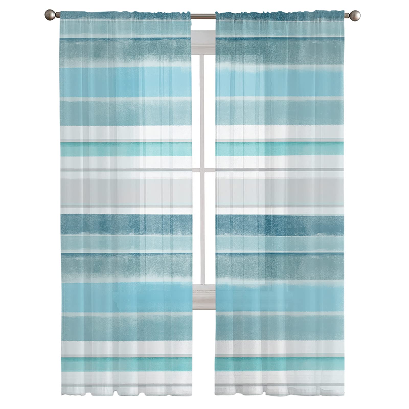 Turquoise Striped Sheer Curtain Panels - Semi-Sheer Abstract Art Window Drapes, 2-Panel Set with Blue Ocean Gradient for Living Room & Kitchen Decor | Light Filtering Privacy Window Treatments for Modern Nordic Style Homes