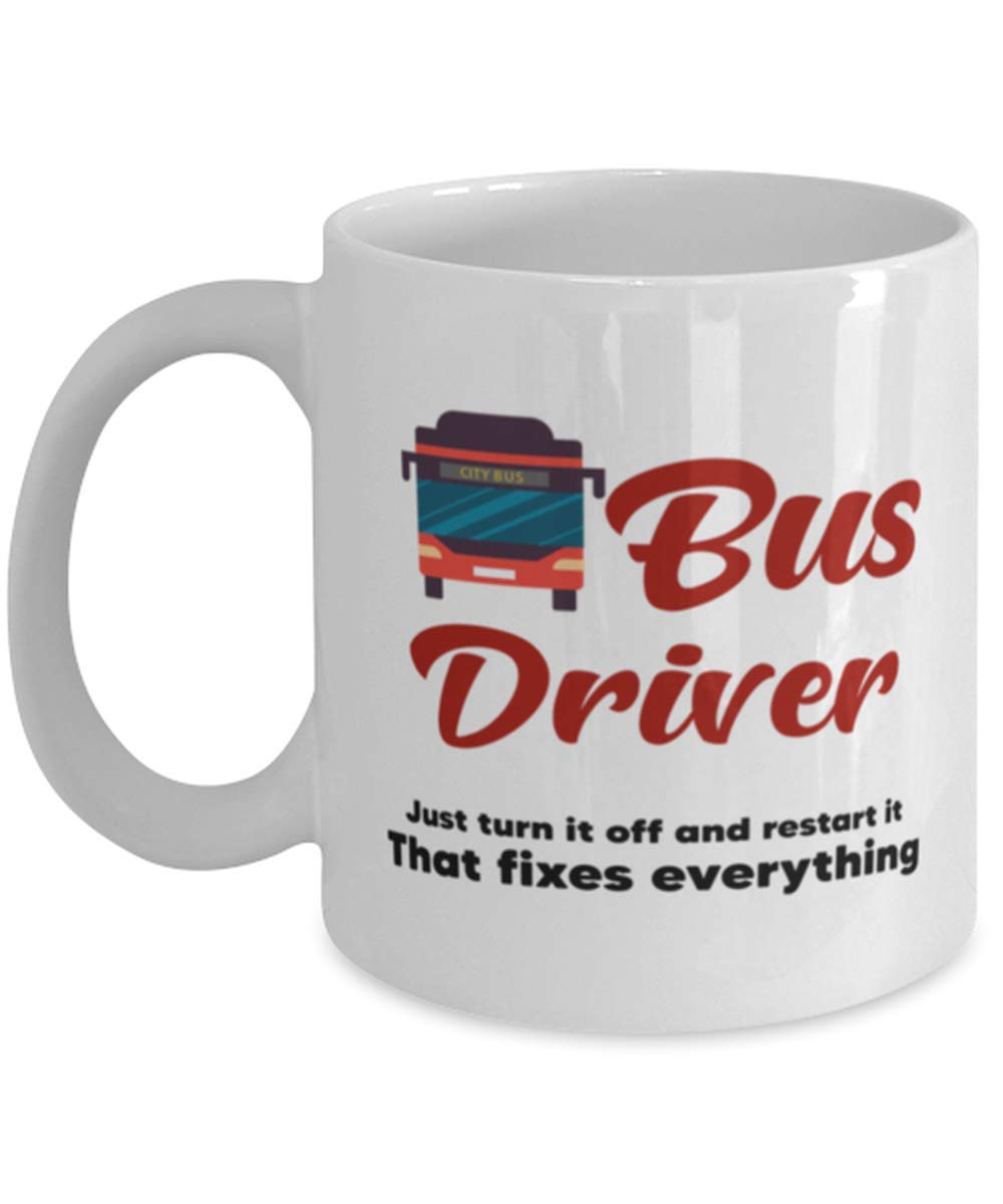Funny Bus Driver Coffee Mug - 11oz Ceramic Cup with 'Just Turn It Off And Restart It' Slogan - Perfect Gift for Men & Women Bus Drivers - Great for Coffee Breaks, Office Use & Retirement Gifts