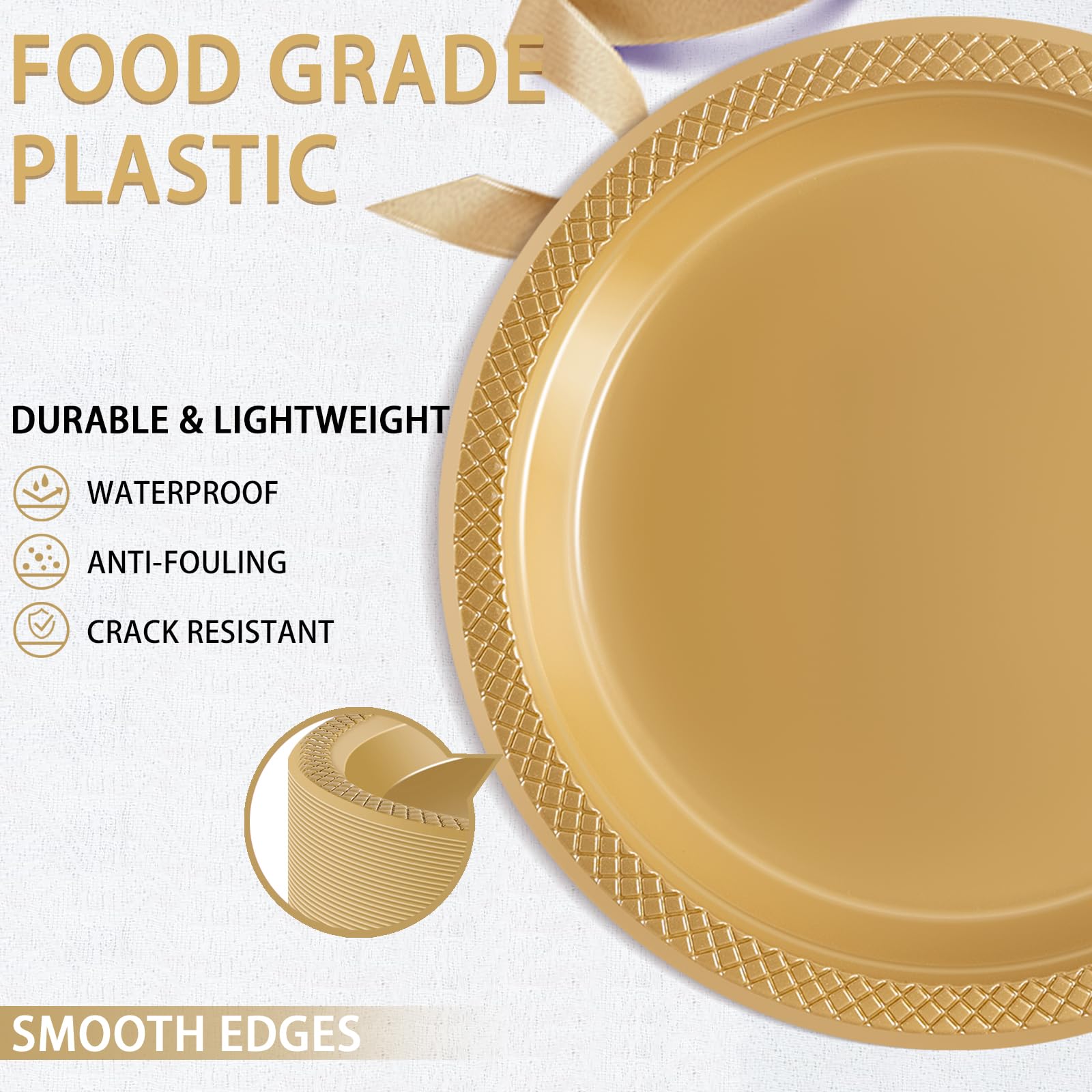 WELLIFE Gold Disposable Plastic Plates 9 Inch - 150 Count, Elegant Dinner Plates for Party, Wedding, Birthday, Engagement, Baby Shower & Special Events - Perfect for Desserts, Cakes & Catering