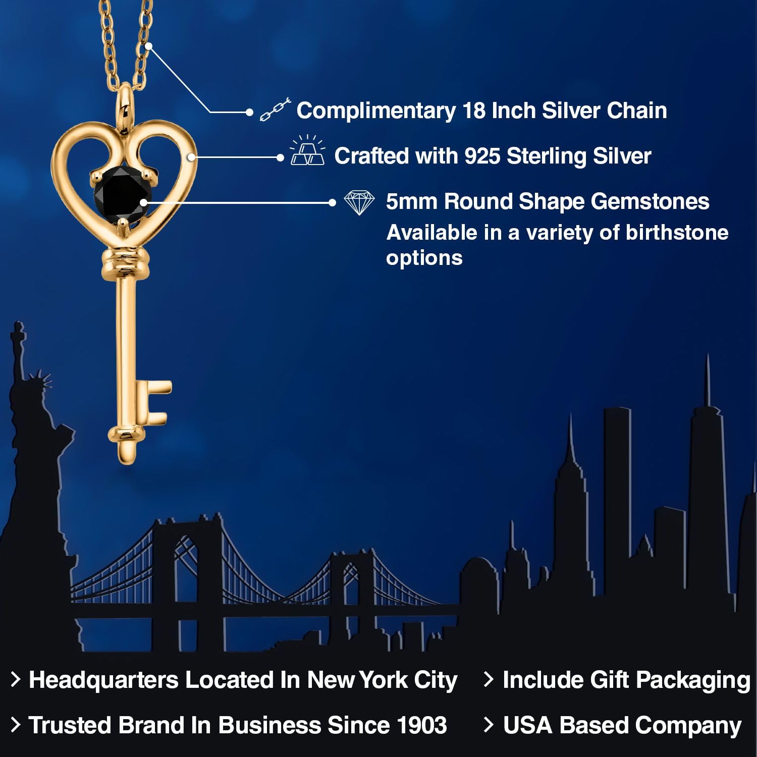 0.55 Ct Round Black Diamond 18K Yellow Gold Plated Silver Key Pendant Necklace for Women - Elegant Jewelry Gift for Birthday, Anniversary & Special Occasions
