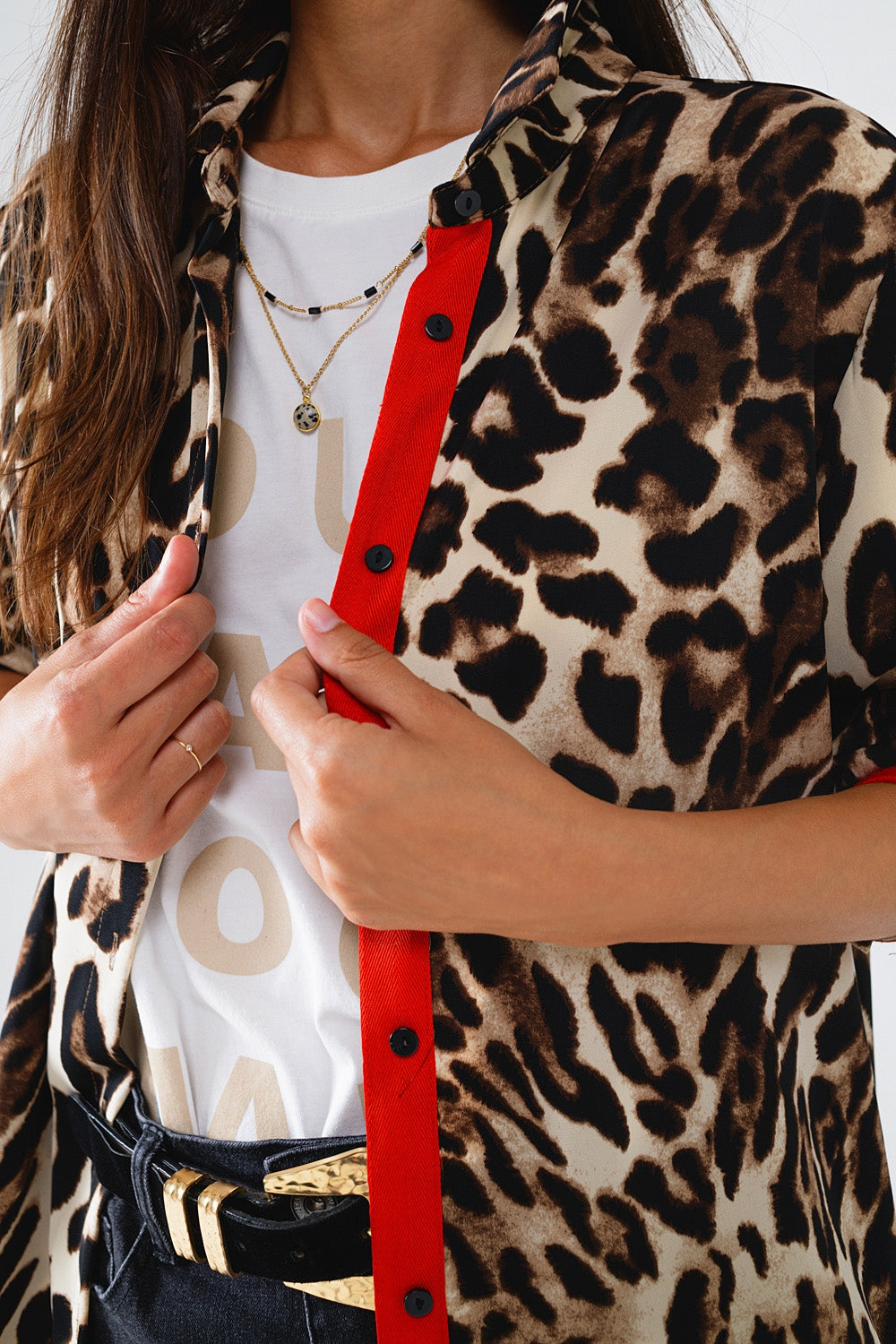 Leopard Print Shirt with Red Button Placket and Red Sleeves - Stylish Casual Wear for Women, Perfect for Office, Party & Date Nights