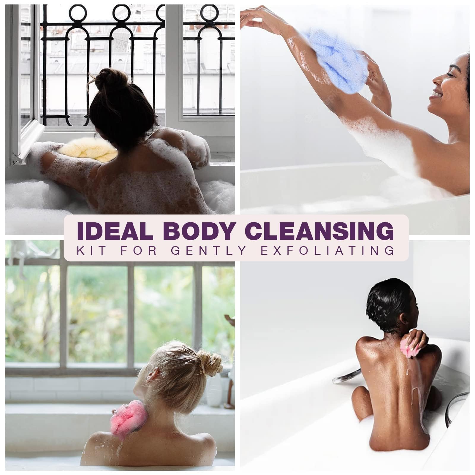 3-Piece Exfoliating Washcloth Set - African Net Sponge, Japanese Wash Cloth & Loofah Body Scrubbers for Deep Cleansing & Skin Exfoliation - Perfect for Shower, Bath & Spa Day Self-Care Routine