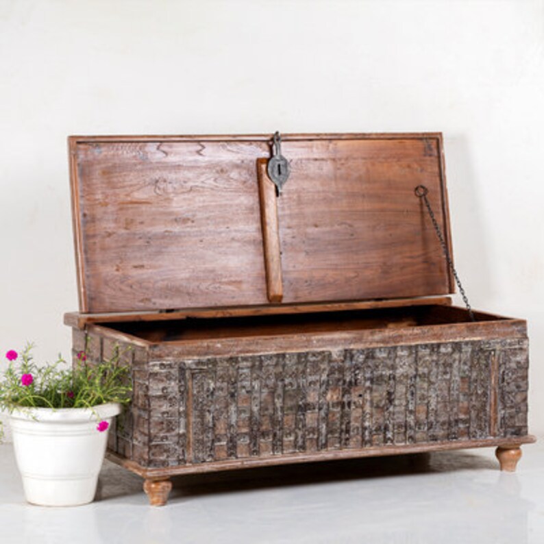 Hand Carved Vintage Solid Wood Chest Trunk Box - Brown Antique Storage for Home Decor, Bedroom, Living Room & Office Organization
