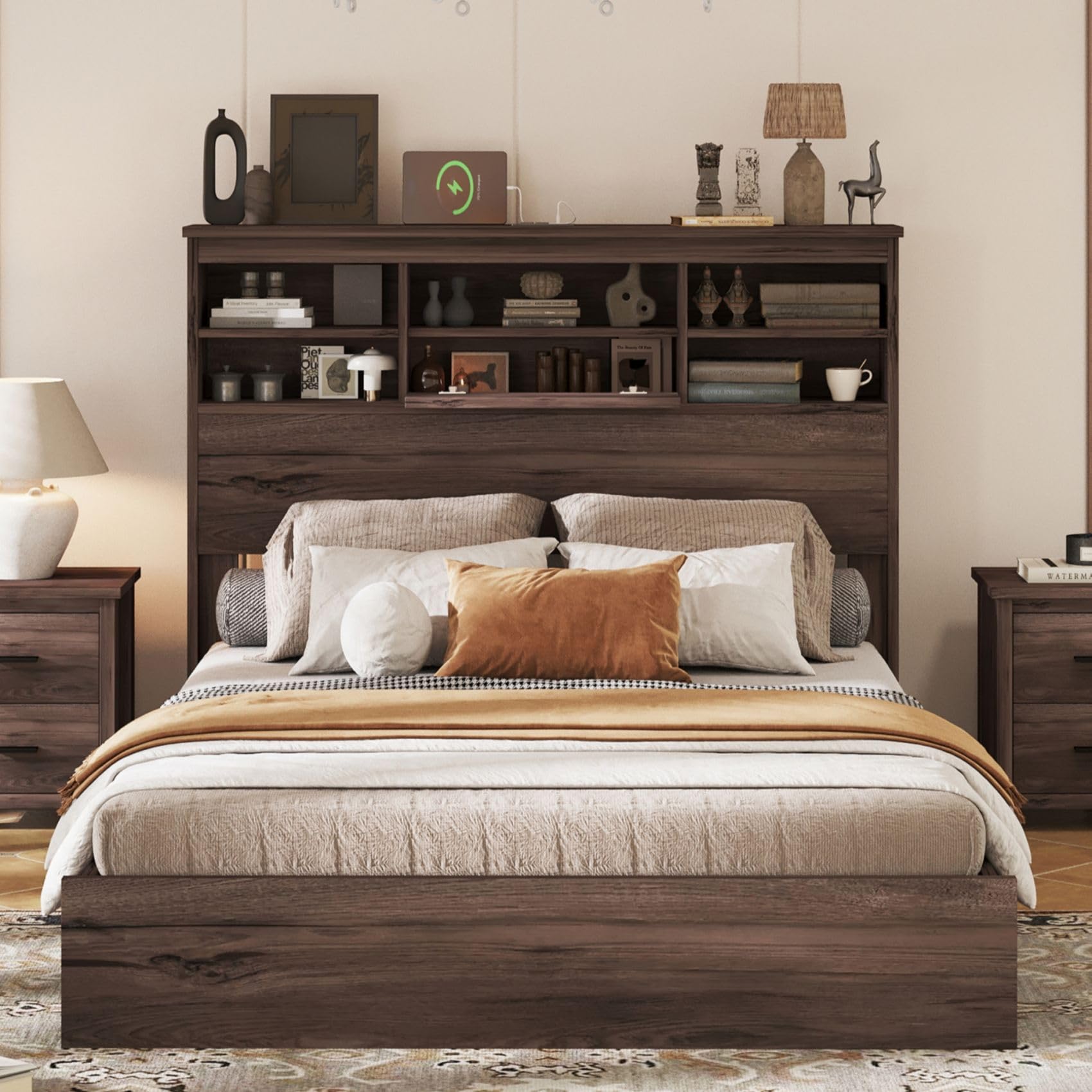 Merax 4-Piece Queen Size Bedroom Set with USB Charging Headboard, 5-Drawer Dresser & 2 Nightstands - Walnut Wood Platform Bed Frame for Modern Master Bedroom & Guest Room Decor