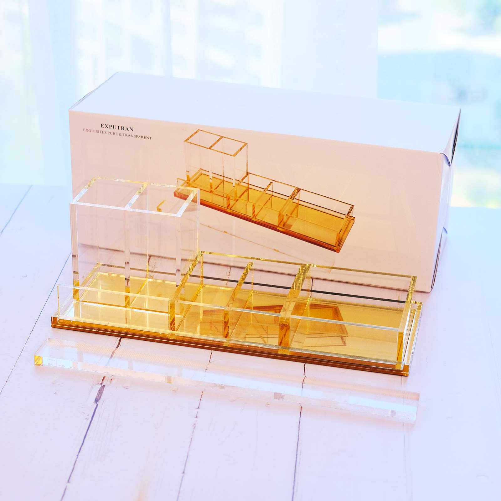 4-Piece Acrylic Desk Organizer Set with Free Ruler - Gold Office & Home Desktop Organization for Pens, Paper Clips & Stationery