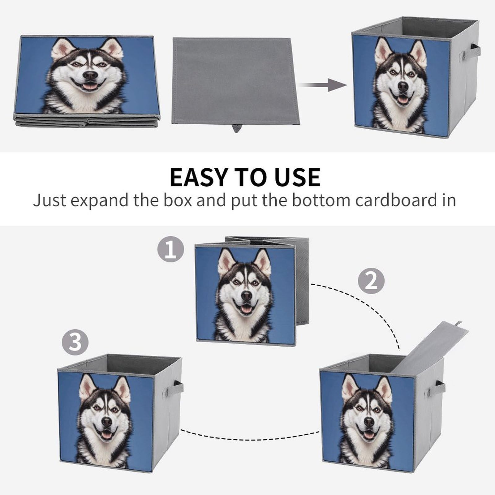 6PCS Collapsible Storage Bins with Handles - Husky Dog Pattern Foldable Organizing Boxes for Home, Closet, Shelves & Office | Space-Saving Multi-Purpose Storage Containers for Toys, Clothes & Household Items