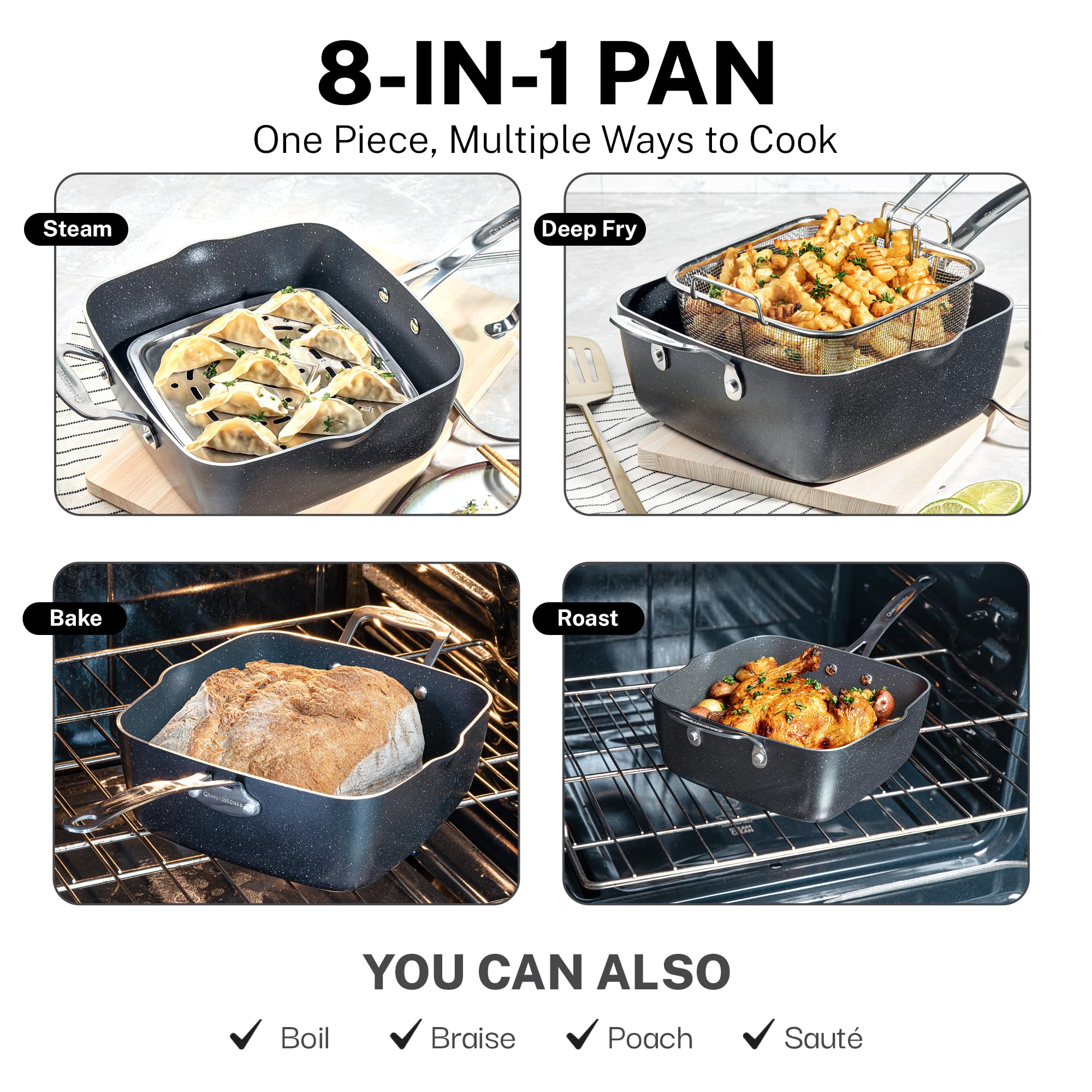 Granitestone True 20-Piece Nonstick Cookware Set with Deep Square Pan & Bakeware | PFOA & PFOS Free | Oven & Dishwasher Safe | Perfect for Home Cooking, Baking & Family Meals