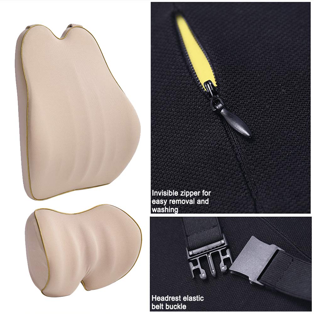 Memory Foam Car Lumbar Support Cushion & Neck Pillow Set - Pain Relief for Long Drives | Fits Suzuki Celerio, Swift, Baleno, Jimny, Vitara, S-Cross | Beige | Perfect for Road Trips & Commuting