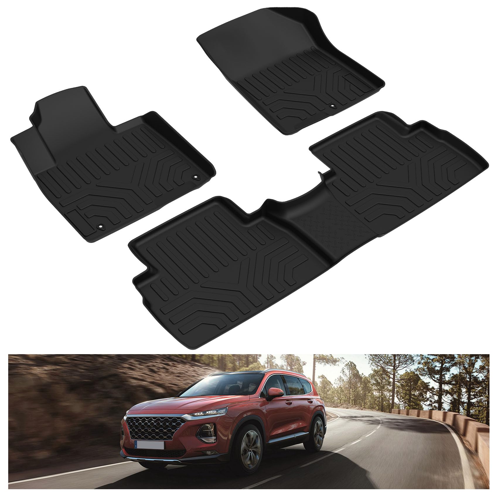 KIWI MASTER All-Weather Floor Mats for 2019-2020 Hyundai Santa Fe - TPE Slush Liners (Front & Rear, 2 Rows, Black) - Perfect for Winter, Rainy Days & Off-Road Adventures