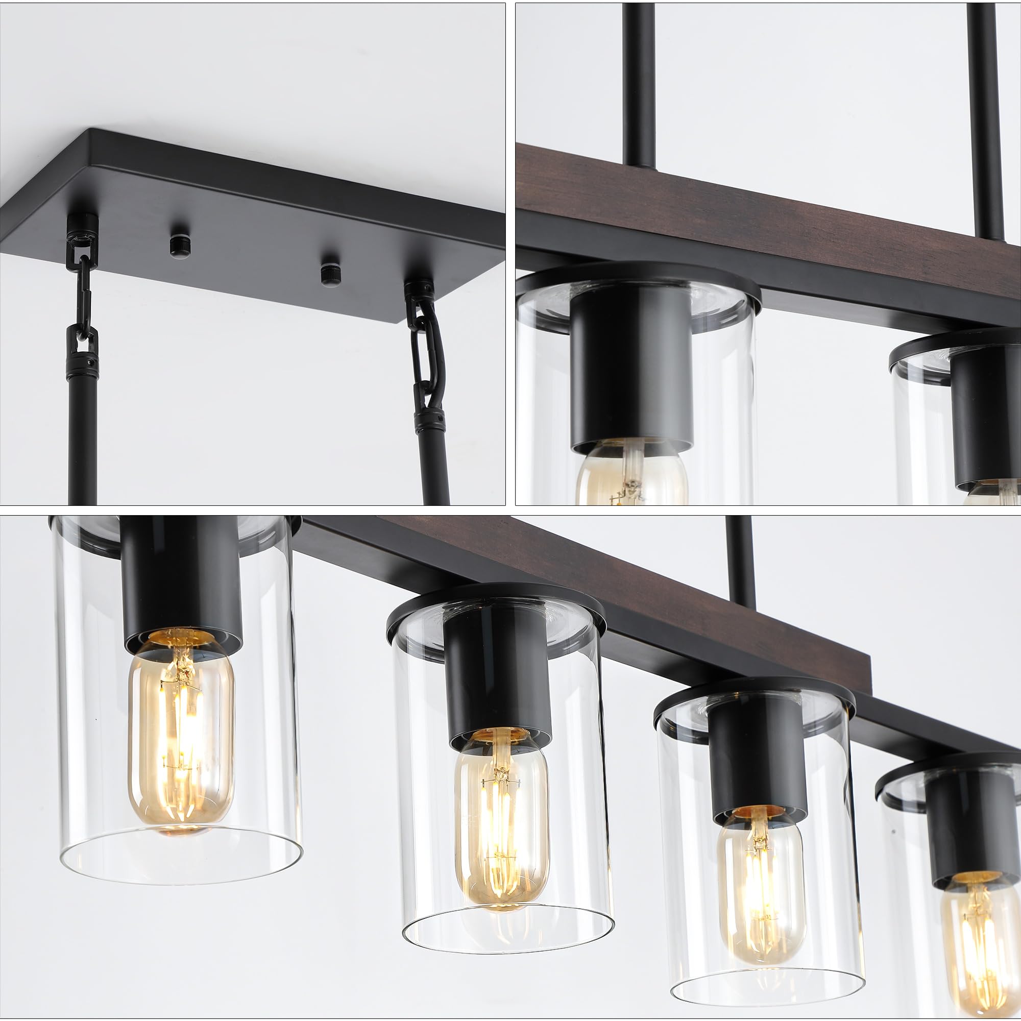 Farmhouse Black Pendant Light Fixture - 4-Light Linear Chandelier for Dining Room & Kitchen Island with Wood Accents | Perfect for Rustic, Modern Farmhouse & Industrial Style Home Decor