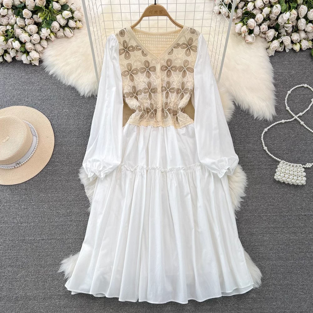 Fairy Sweet Bubble Long Sleeve V-Neck Knit Midi A-Line Dress 1354 - Elegant Casual Wear for Women, Perfect for Office, Date Night & Spring Outfits