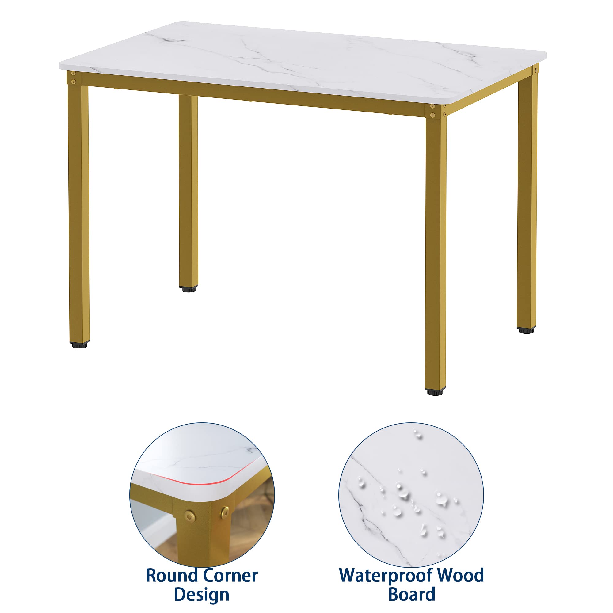 Teraves 4-Piece Dining Table Set with 2 Chairs & Bench - 120CM White Marble Top & Gold Frame Kitchen Table, Computer Desk - Perfect for Small Spaces, Dining Rooms & Home Offices