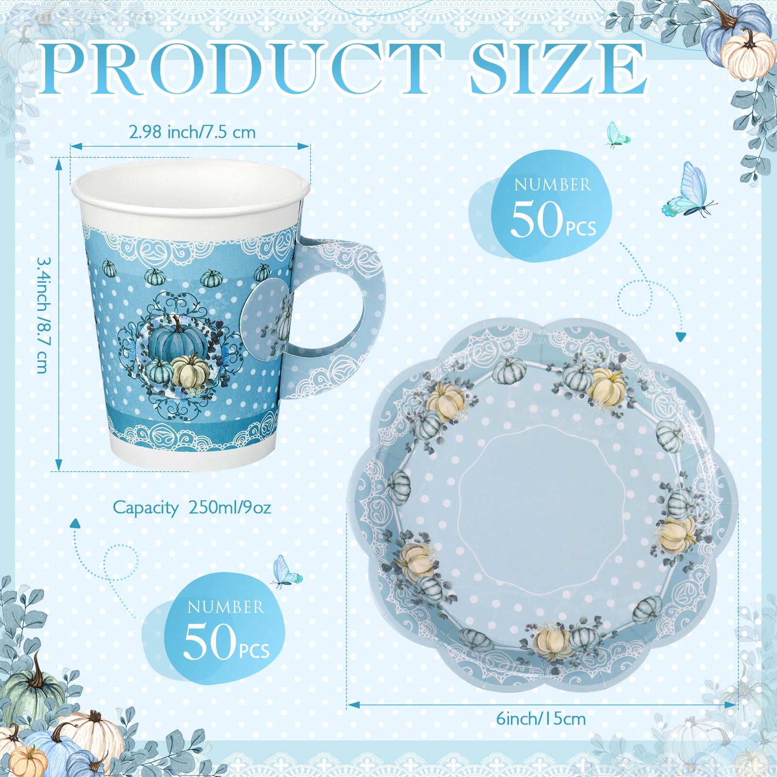 100 Pcs Blue Little Pumpkin Baby Shower & Tea Party Decorations Set - 50 Disposable 9 oz Paper Tea Cups with Handles & 50 Matching Plates - Perfect for Gender Reveal, Birthday Parties & Fall Themed Events