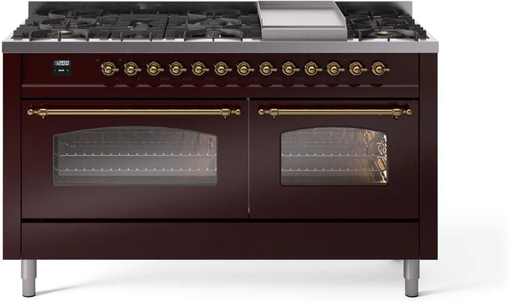 ILVE Nostalgie II 60-Inch Dual Fuel Natural Gas Range - Burgundy with Brass Trim (UP60FNMPBUG) | Professional Kitchen Stove for Home Chefs & Gourmet Cooking