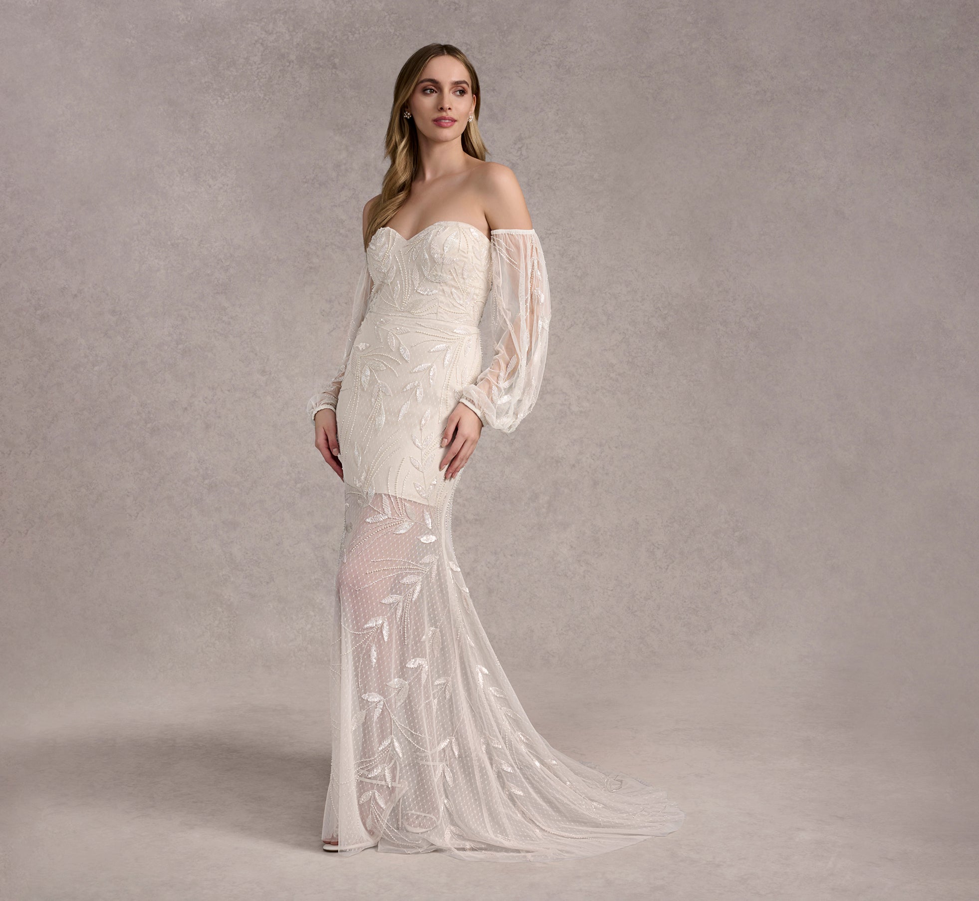 Elegant Ivory Pearl Hand-Beaded Strapless Fit & Flare Gown with Detachable Puff Sleeves - Perfect for Weddings, Prom & Formal Events