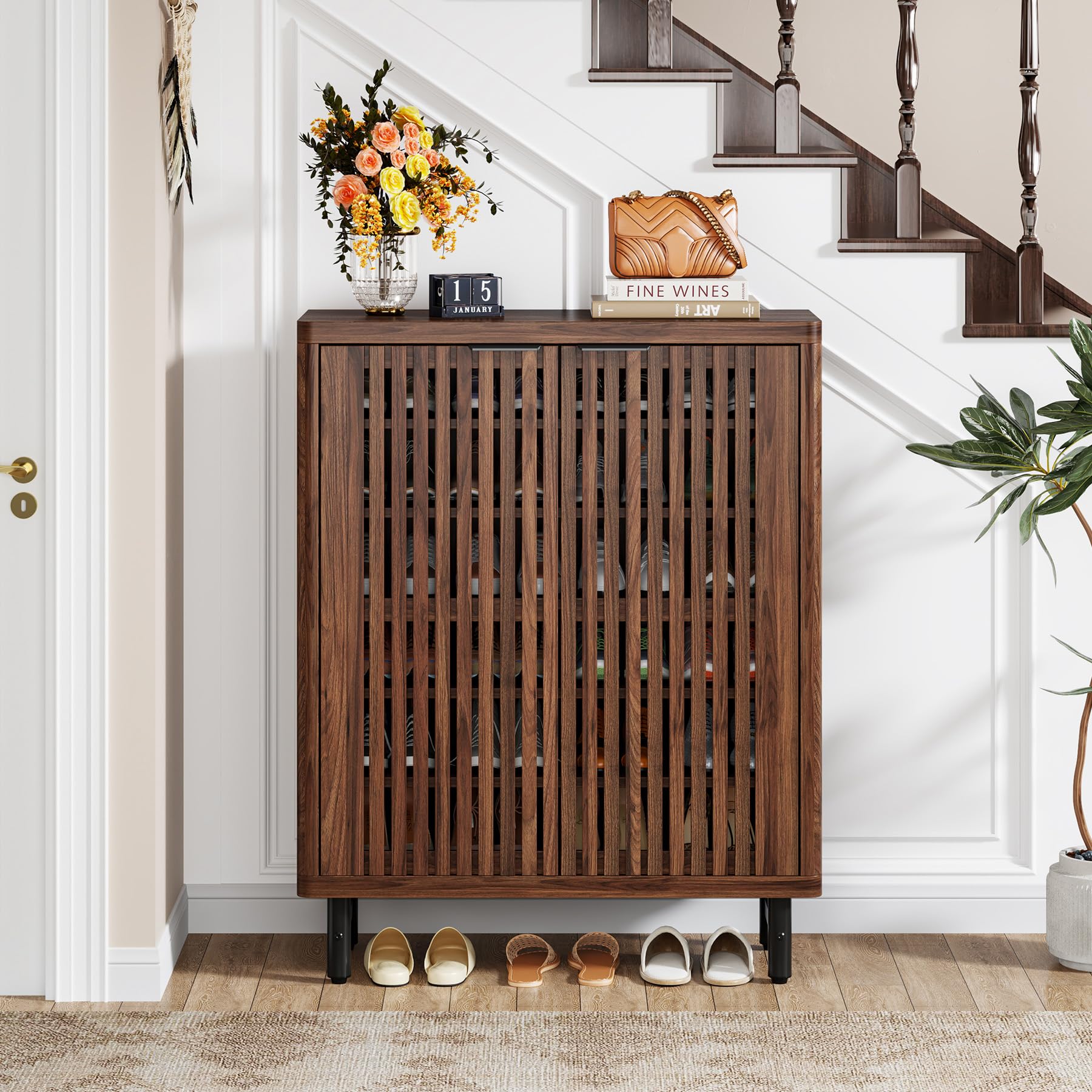 Tribesigns 6-Tier Wooden Shoe Storage Cabinet with Shutter Doors - Adjustable Shelves Freestanding Shoe Organizer for Entryway, Hallway, Closet - Modern Home Organization Solution (Walnut) | Perfect for Small Spaces & Shoe Lovers