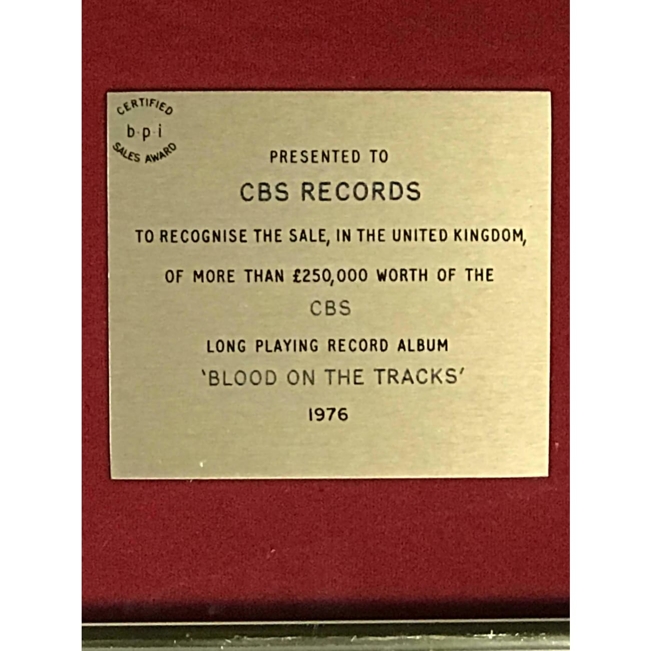Bob Dylan Blood On The Tracks BPI Gold LP Award - Rare Vinyl Record Collector's Edition for Music Enthusiasts & Home Decor