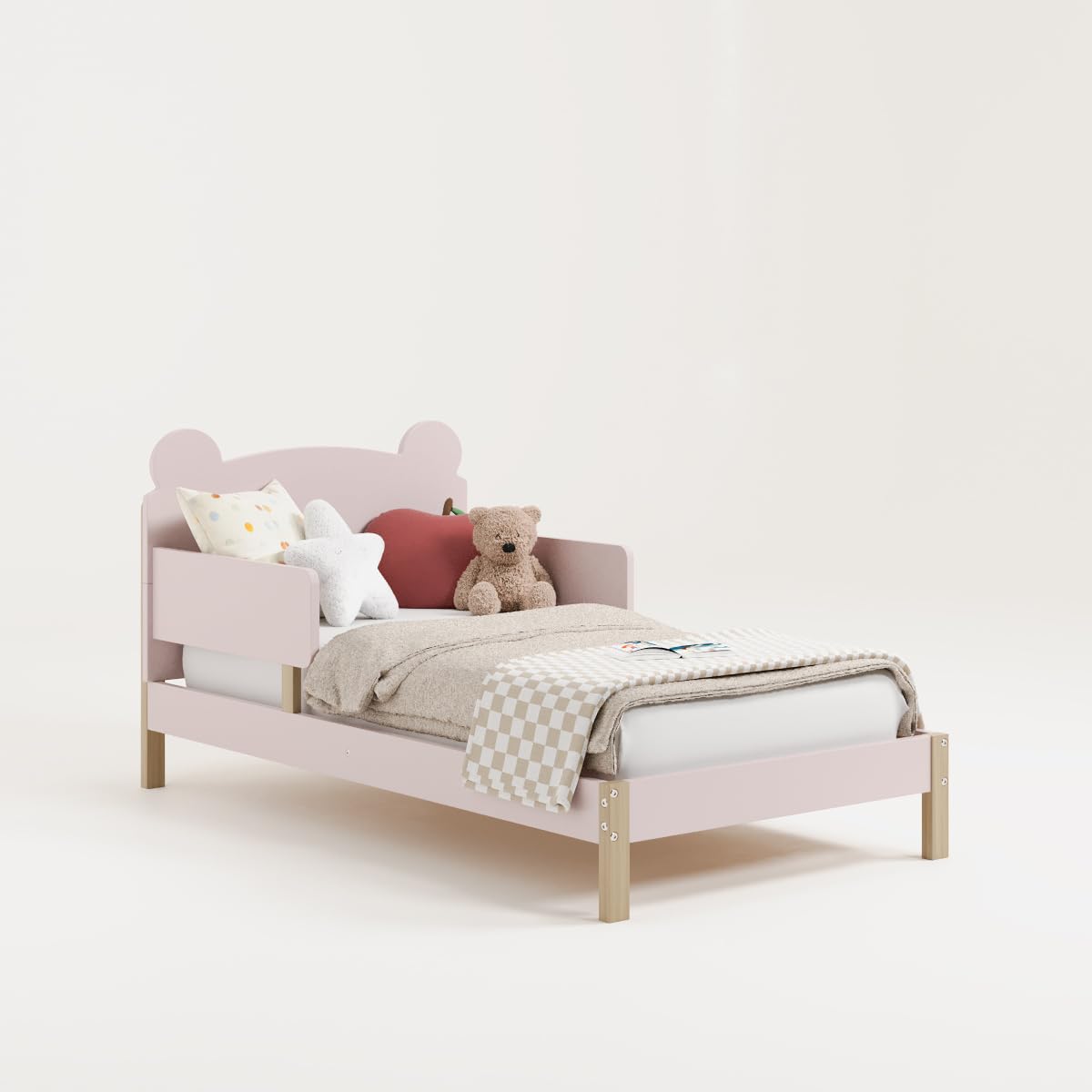 Storkcraft Teddy Bear Toddler Bed with Safety Rails - GREENGUARD Gold Certified, Blush & Driftwood 2-Tone Design, Fits Standard Crib Mattress | Cozy Nursery Furniture for Toddler's First Big Kid Bed Transition