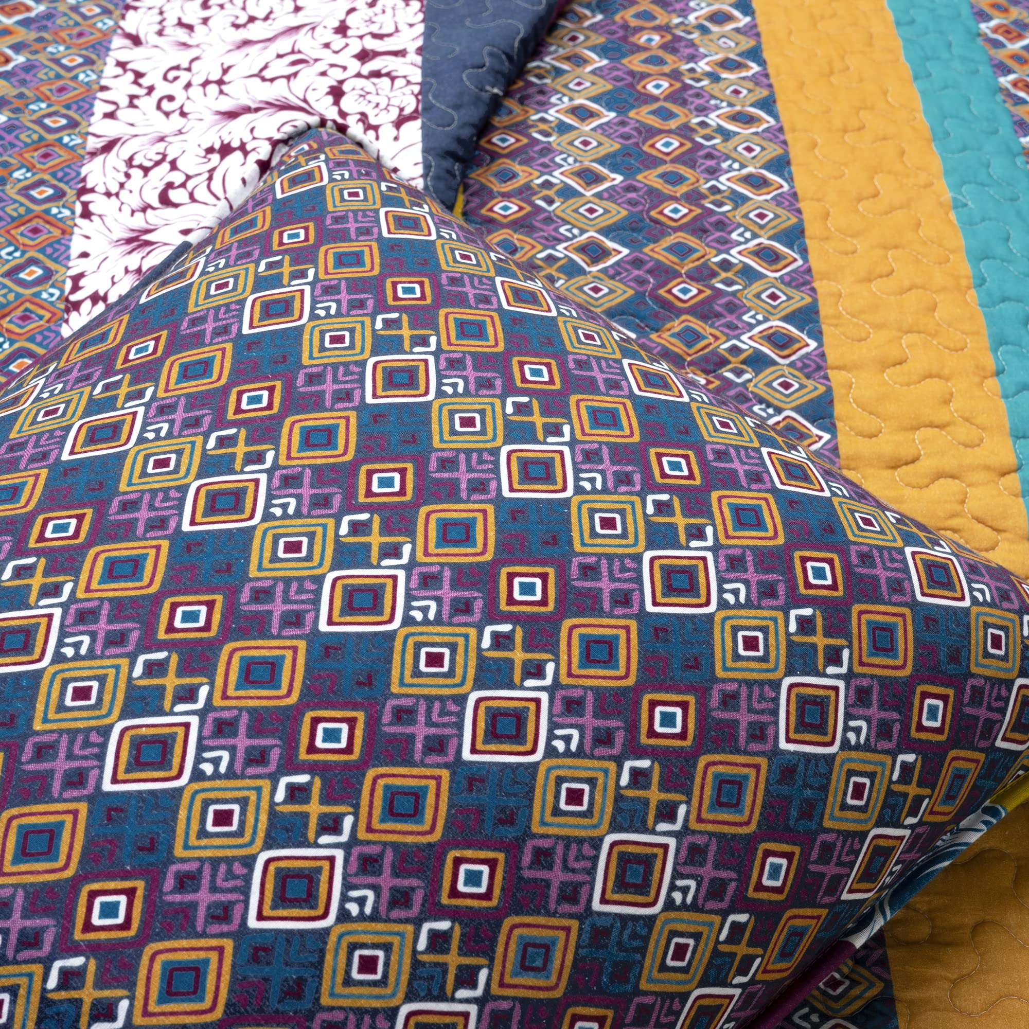 Lush Decor Boho Stripe Reversible Cotton Quilt 3-Piece Set | Full/Queen Size | Plum & Yellow Bohemian Bedding | Soft & Breathable Cotton | Perfect for Guest Rooms, Dorms & Bohemian Bedroom Decor
