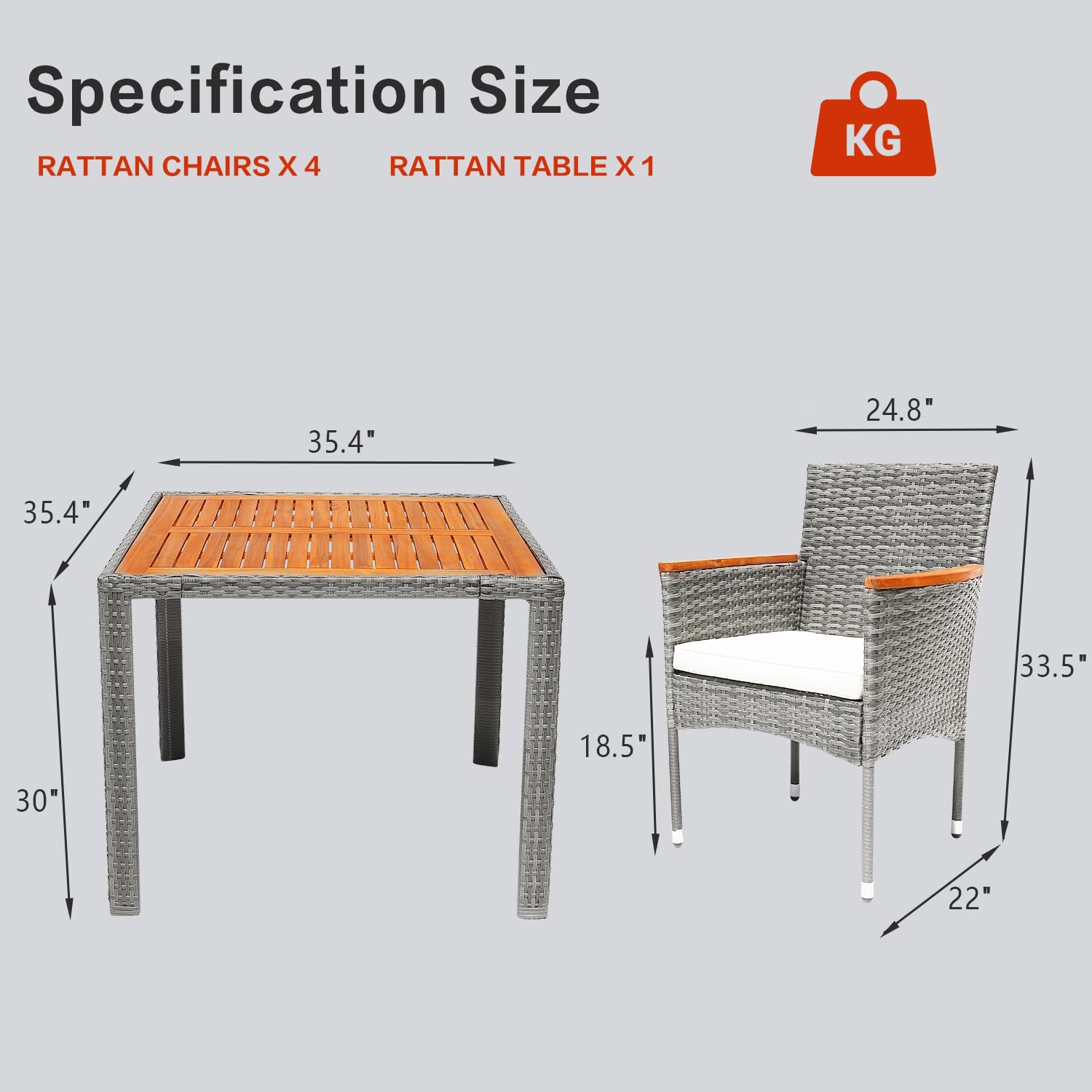 5-Piece Outdoor Patio Dining Set for 4 - Acacia Wood Table & Wicker Chairs - Grey Patio Furniture Set for Yard, Deck, Gazebo | Perfect for Backyard BBQs, Garden Parties & Outdoor Entertaining