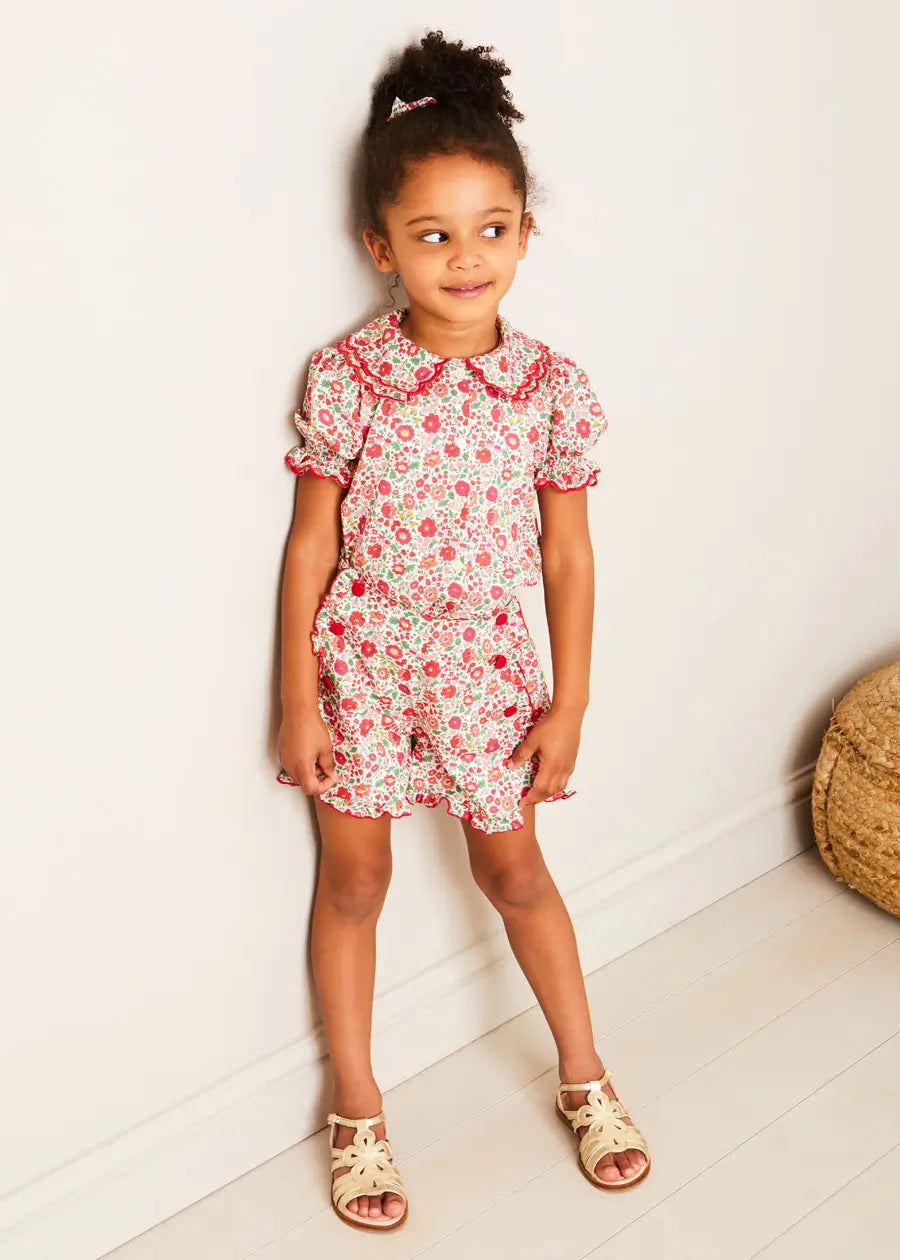Margot Floral Short Sleeve Blouse - Red Liberty Fabric for Girls (18m-12yrs) | Perfect for Spring Outfits, Birthday Parties & Family Photos