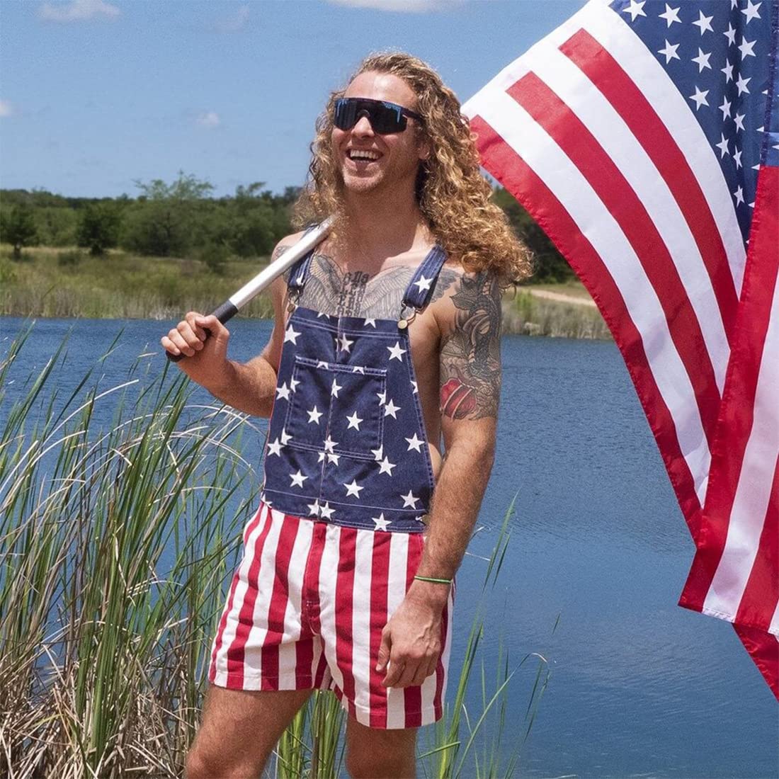 **American Flag Denim Bib Overalls for Men & Women - Patriotic Shorts Romper for Independence Day, BBQ, Festivals & Casual Wear**