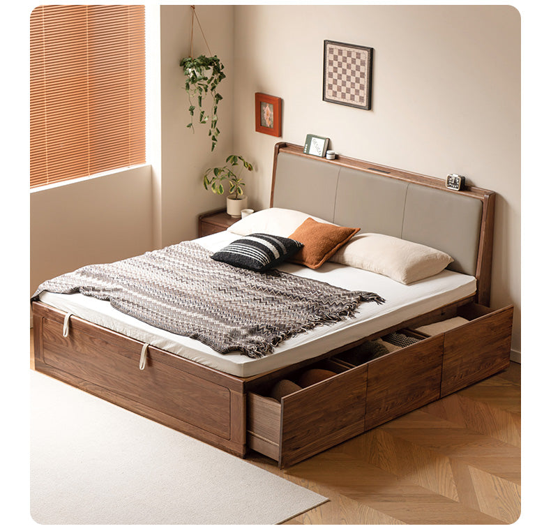 Solid Black Walnut Wood Leather-Upholstered Drawer Box Bed - Nordic Style Platform Bed with Storage for Modern Bedroom