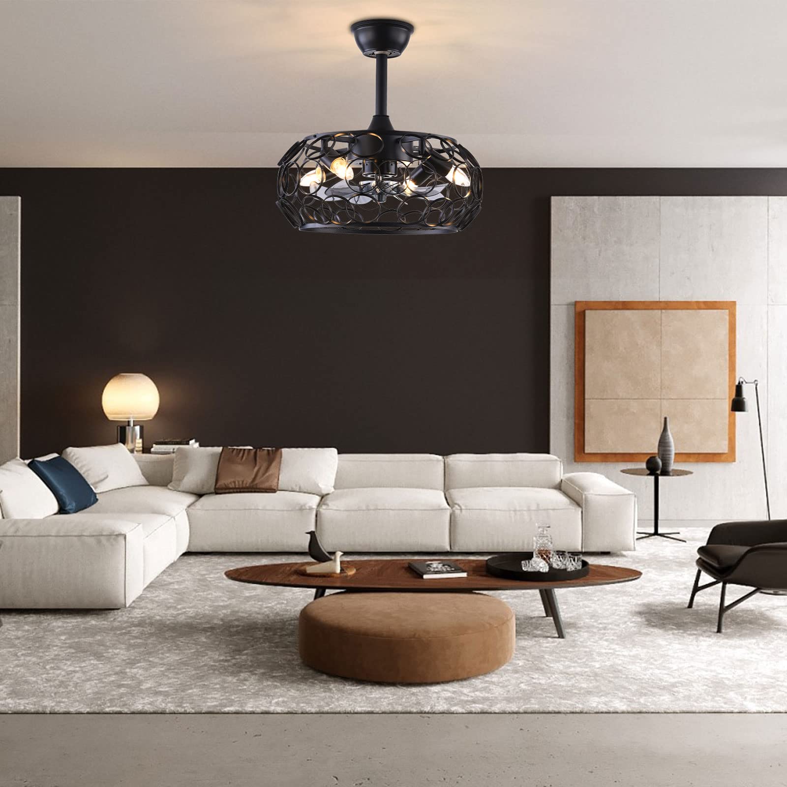 18 Inch Black Caged Ceiling Fan with Lights & Remote Control - Industrial Fandalier Chandelier Style Enclosed Low Profile Ceiling Fan - 3 Speed, 7 Blade, 4xE26 Base (Bulbs Not Included) - Perfect for Bedroom, Living Room, Kitchen, and Industrial Spaces