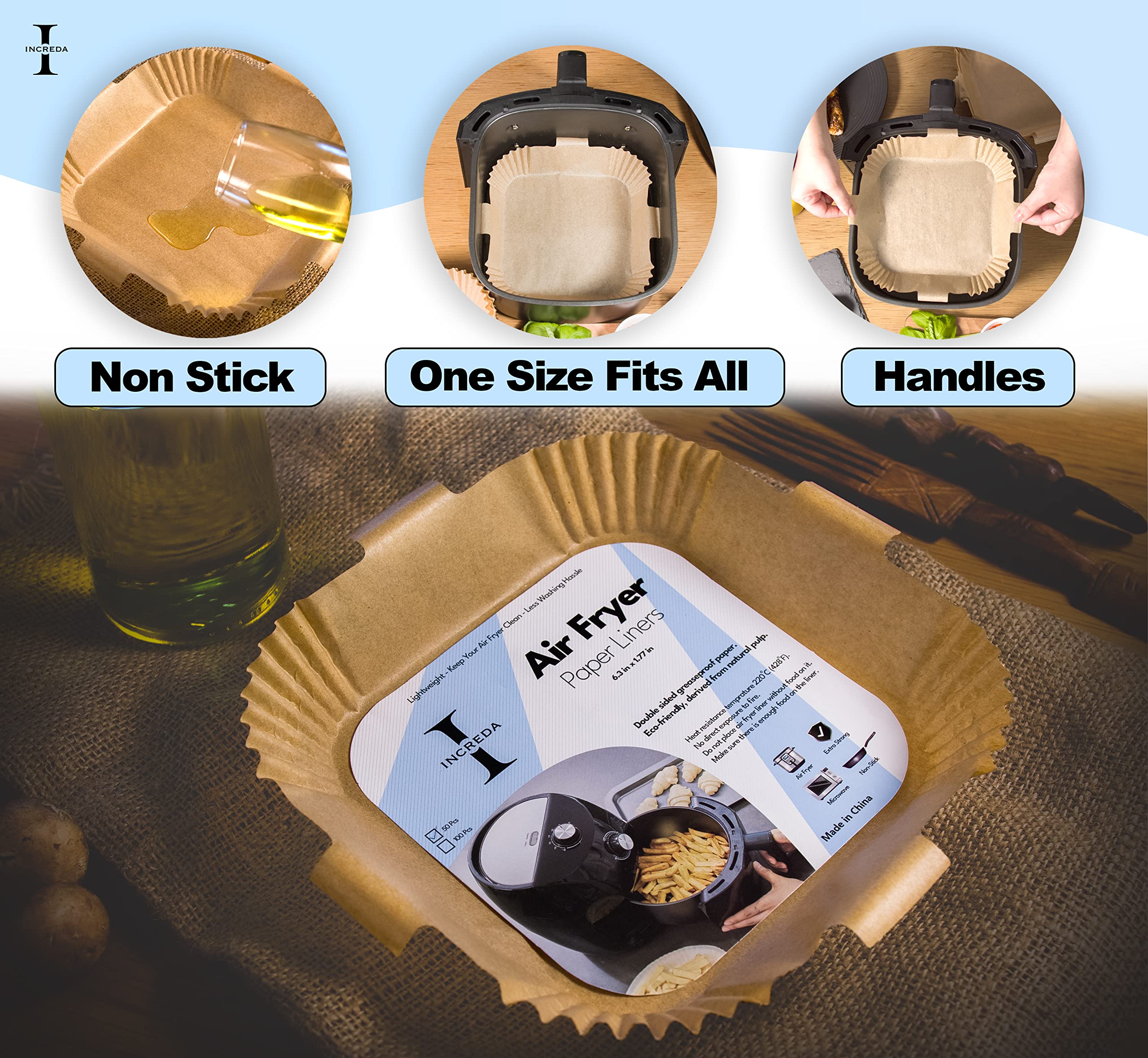 Increda 120-Pack 6.3 Inch Square Air Fryer Liners - Disposable Food Grade Greaseproof Paper for Air Fryer Baskets, Microwave & Oven - Comes with Reusable Protective Plastic Case - Perfect for Quick Meals, Healthy Cooking & Easy Cleanup
