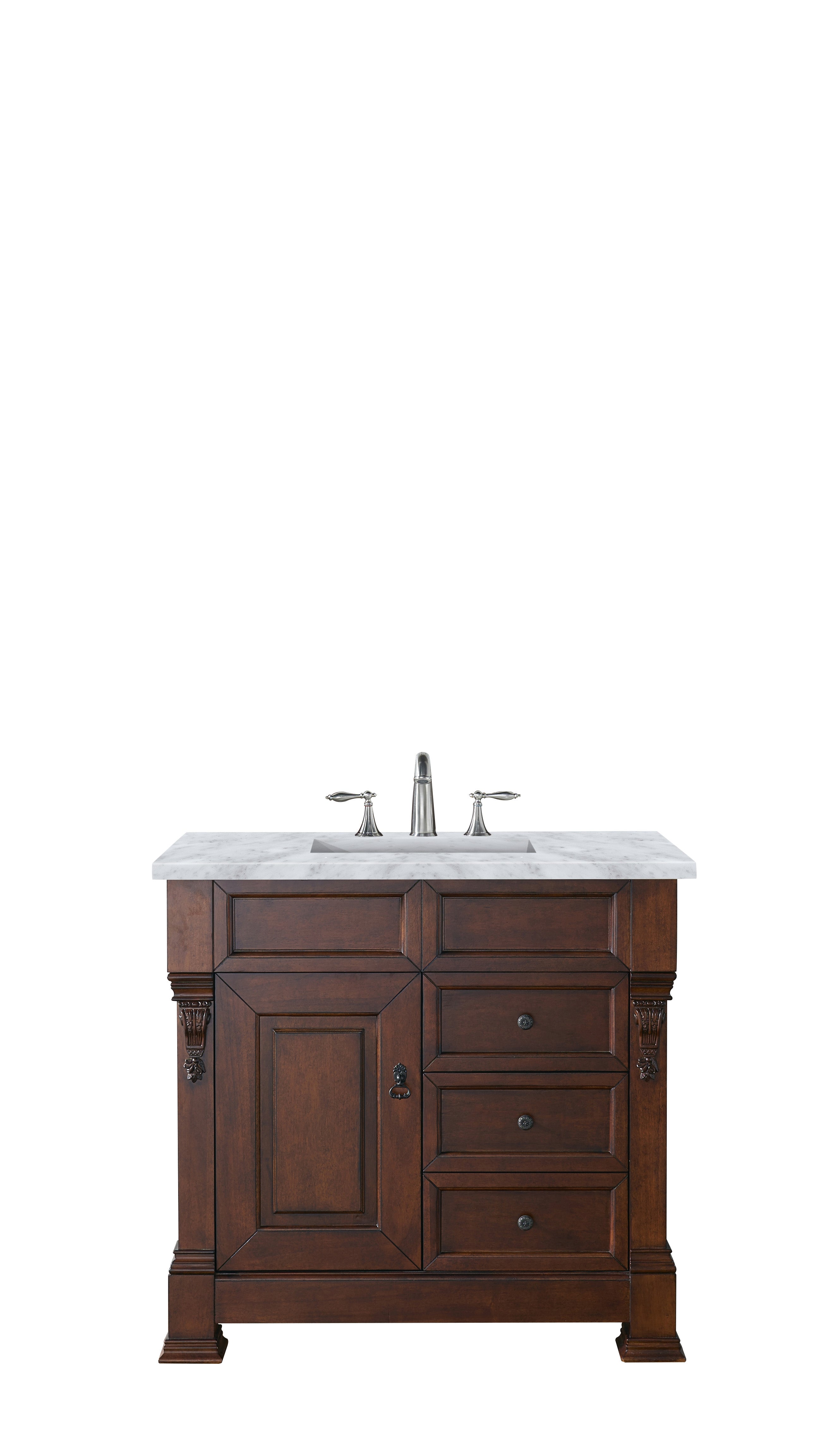 Brookfield 36 Inch Single Bathroom Vanity with Warm Cherry Finish & 3CM Carrara Marble Top - Perfect for Modern Master Bathrooms and Powder Rooms