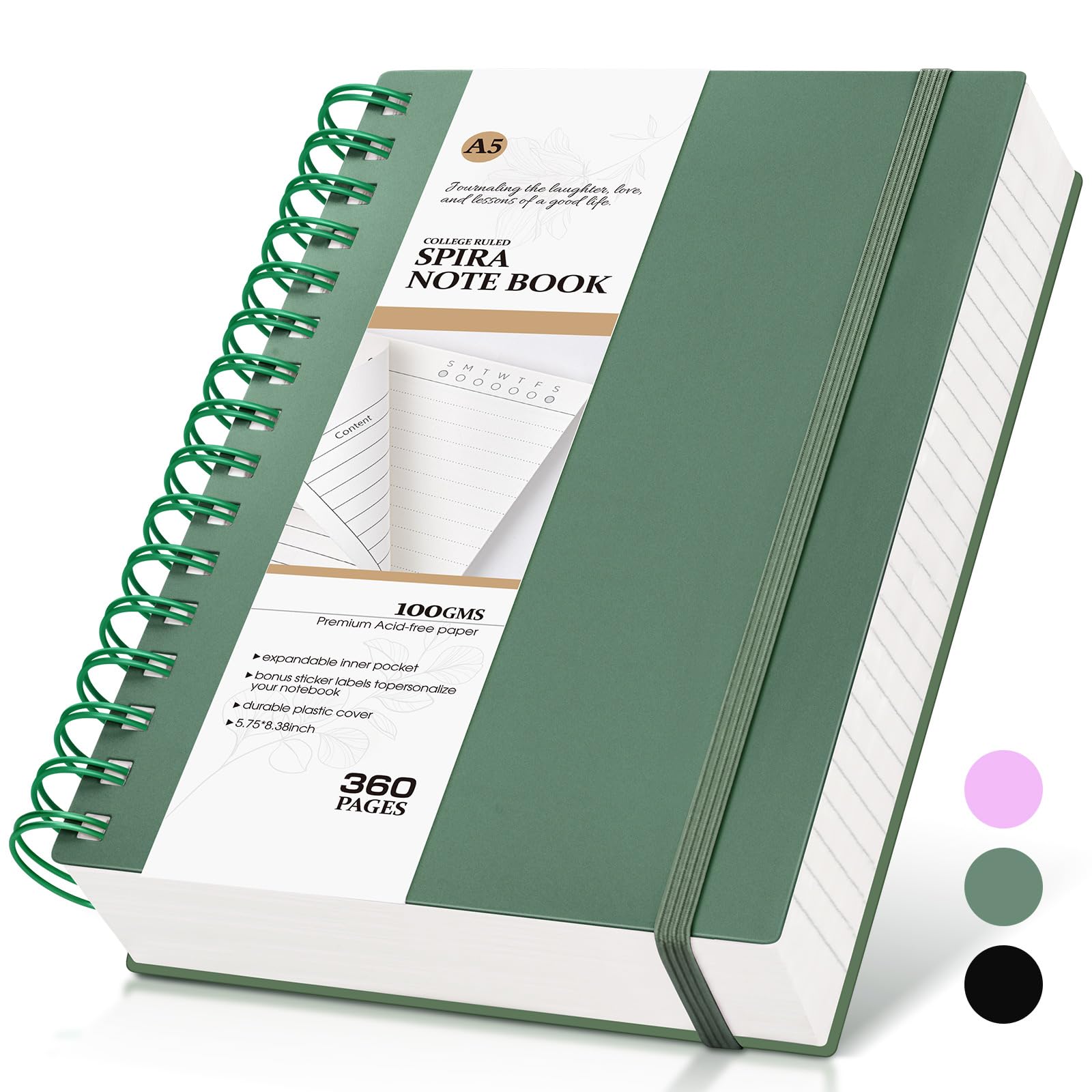 Premium Spiral Notebook Journal - 360 Pages College Ruled Lined Notebook for Women & Men, A5 Thick Writing Journal with 100GSM Paper, 5.5